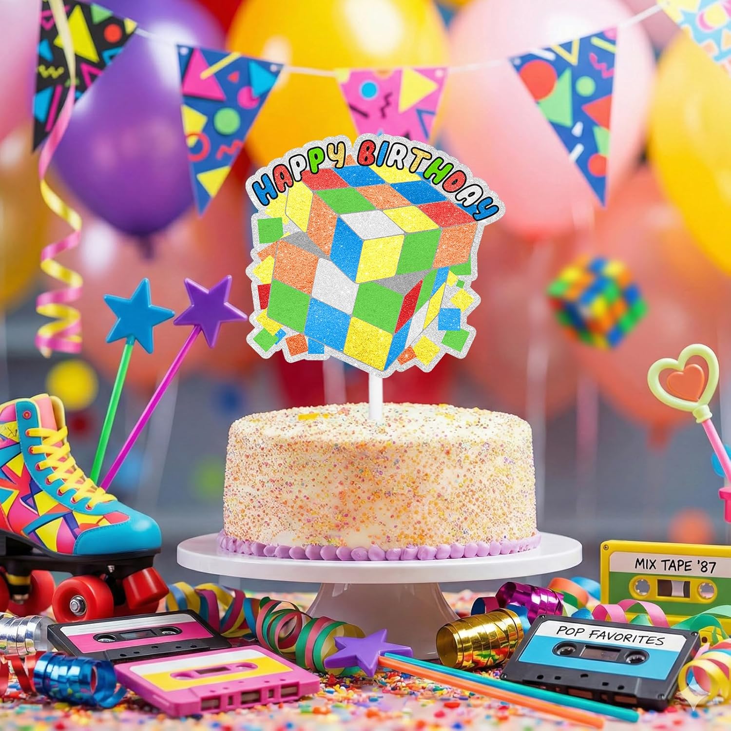 Colorful Cube Cake Toppers 80s 90s Retro Nostalgic Theme Happy Birthday Decorations, Boys and Girls Birthday Party, Baby Shower Cake Decorations, Birthday Gifts for Kids.LIANGSS
