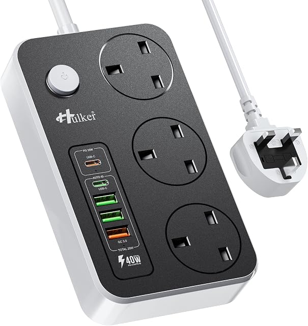 Hulker Extension Lead with USB C Ports Power Strip with 3 Way Outlets 5 USB Slots (1 PD 20W Type-C, 1 QC 18W Fast USB, 3 USB-A Port), Multi Plug Extension Socket with 2 Meter Power Cord 3250W 13A