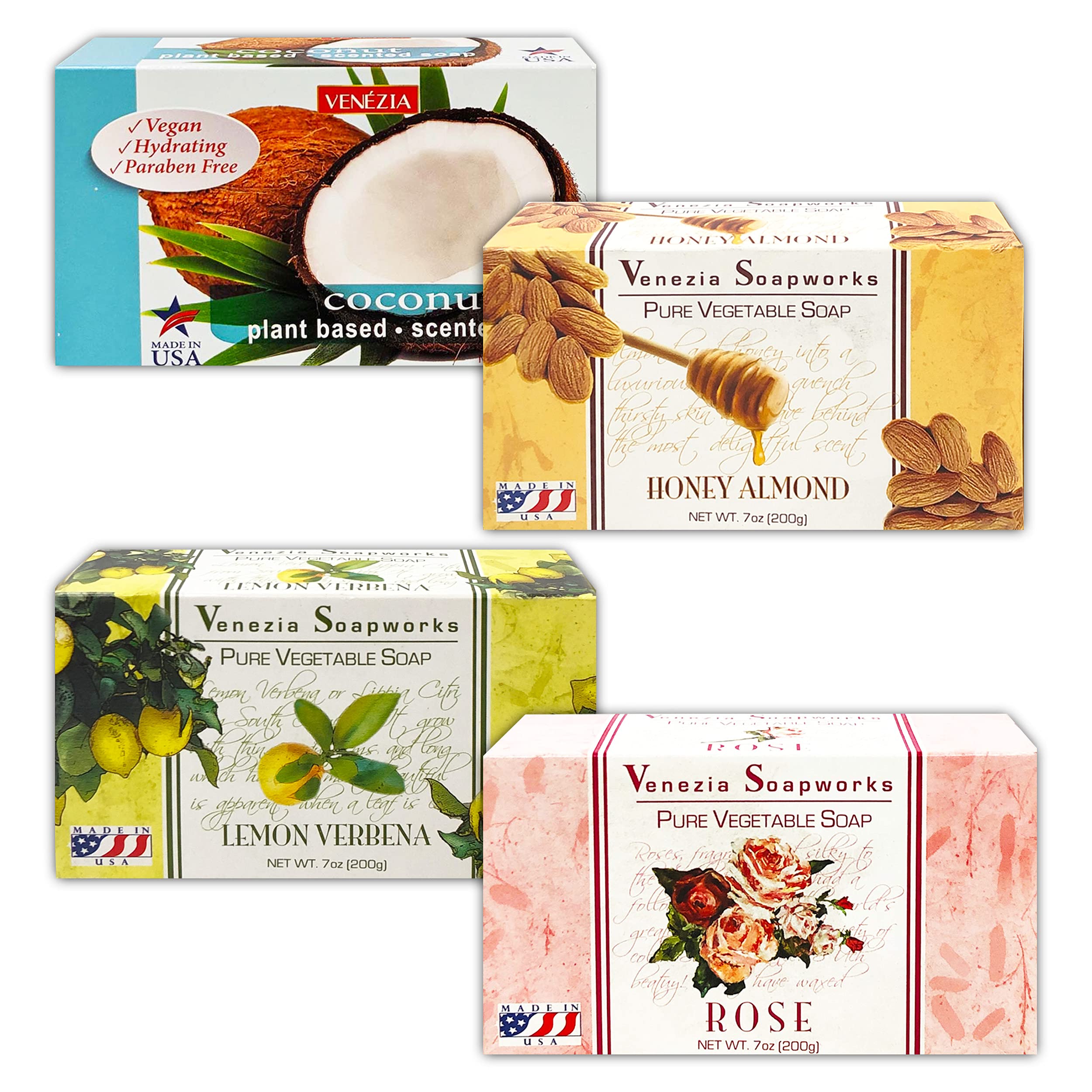 Venezia Soapworks Assorted 4-Pack ~ Venezia Bar Soap Bundle With Lemon Verbeena, Rose, Honey Almond, and Coconut | Moisturizing Soap Bar