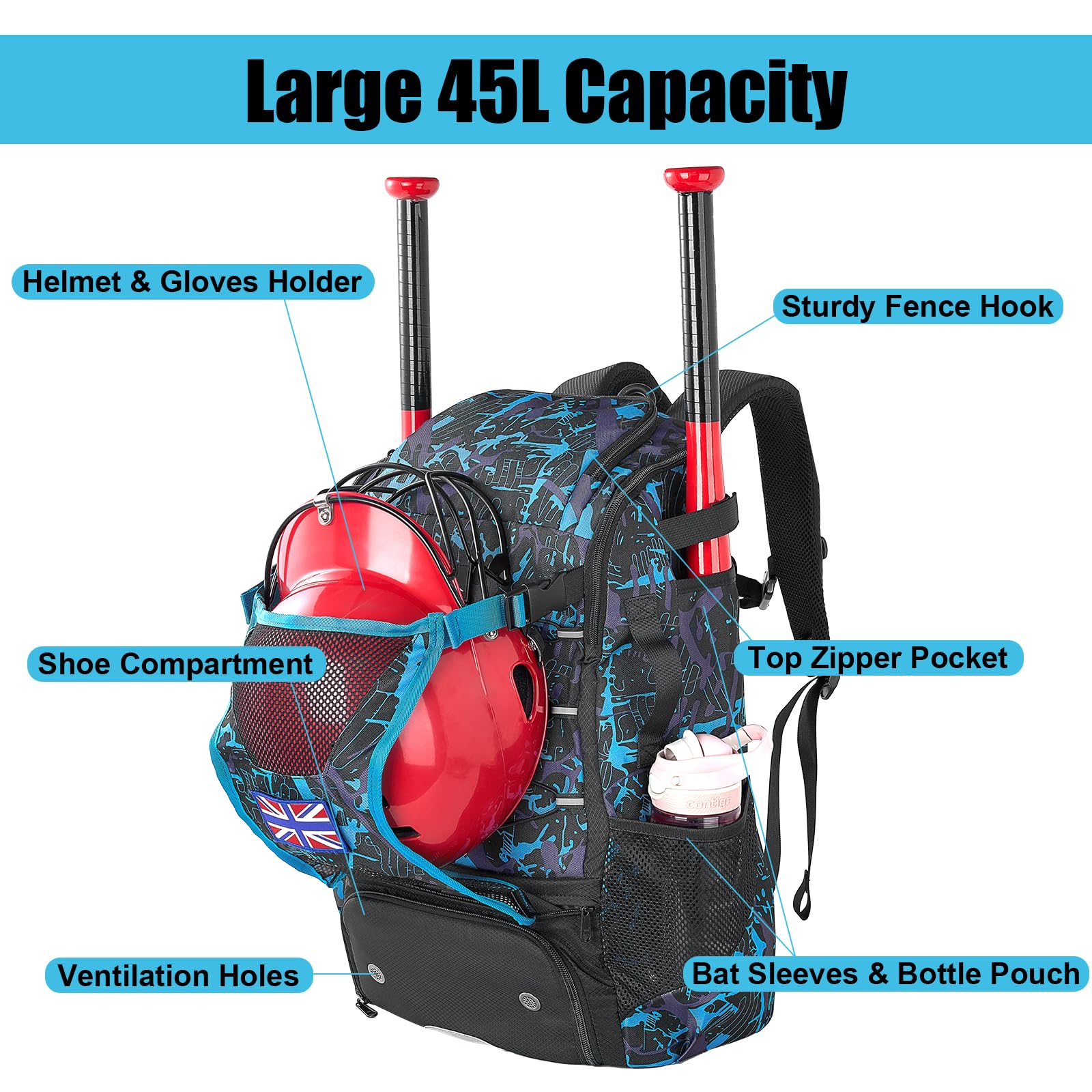 Power King 45L Youth Baseball Bat Bag, Large Capacity Backpack for Baseball, T-Ball & Softball Equipment & Gear with Shoe Compartment | Fence Hook | Helmet Holder