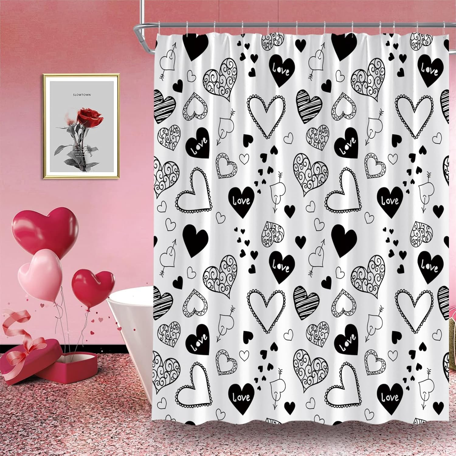 Valentines Shower Curtain Black White Sweet Heart Sweethearts Love Romantic Couple Creative 70" Wx84 H Fabric Bathroom Decor Curtain with Hooks