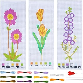 3Pcs Cross Stitch Bookmark Kits Embroidery DIY Bookmark Flower Patterns DIY Cross Stitch Bookmarks for Beginners Daisies Tulips Bellflower Handmade DIY Cross Stitch