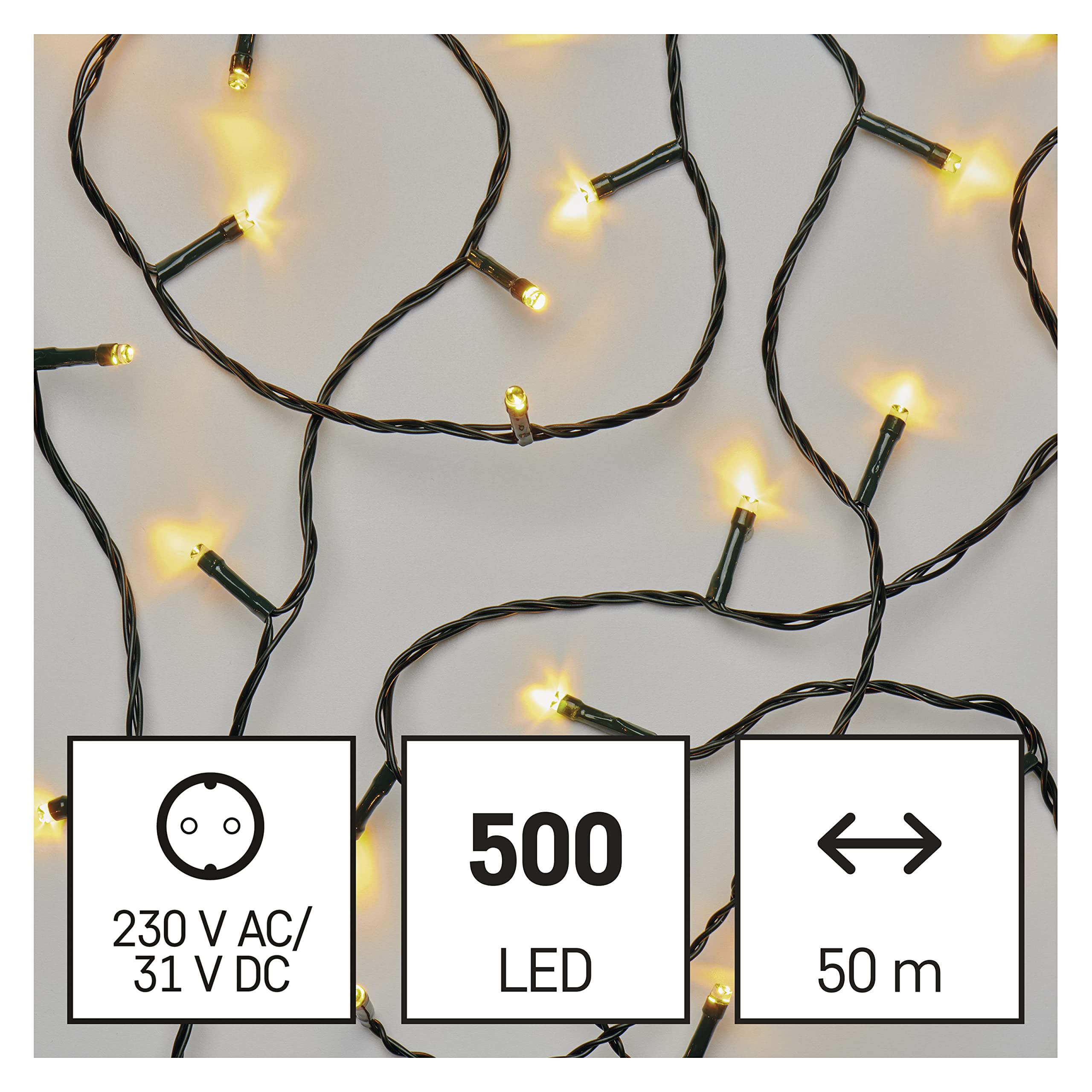 EMOS LED-Lichterkette warmweiß für Innen und Außen, 50m lange IP44 Weihnachtslichterkette mit 500 LEDs + 5m Zuleitung und Netzteil, 8 Modi und 6h Timer Funktion, für Party, Weihnachten, Deko