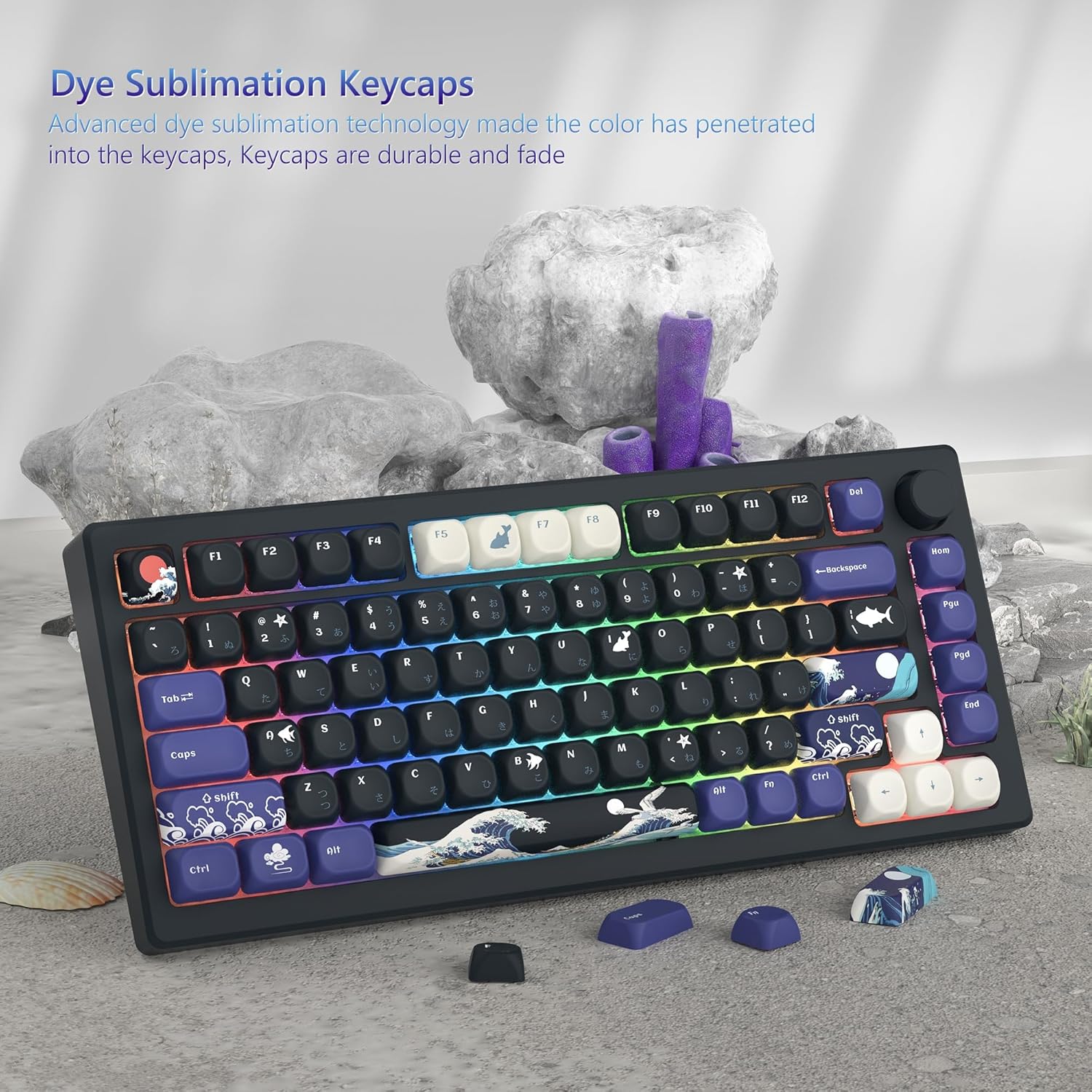 Womier PBT Black Keyboard Keycaps, Japanese MOA Keycaps for Mechanical Keyboard, Cute Custom Dye-Sublimation Key Cap for 60 65 75 100 Percent, Kanagawa
