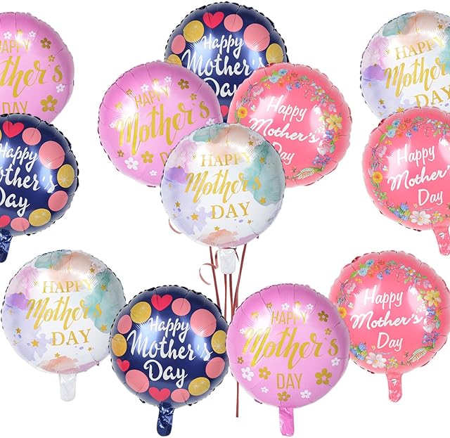 12PCS Happy Mother's Day Aluminum Foil Balloons - 18 Inch Colorful Floral Balloon with Ribbon for Mother's Day Parties Decorations Supplies