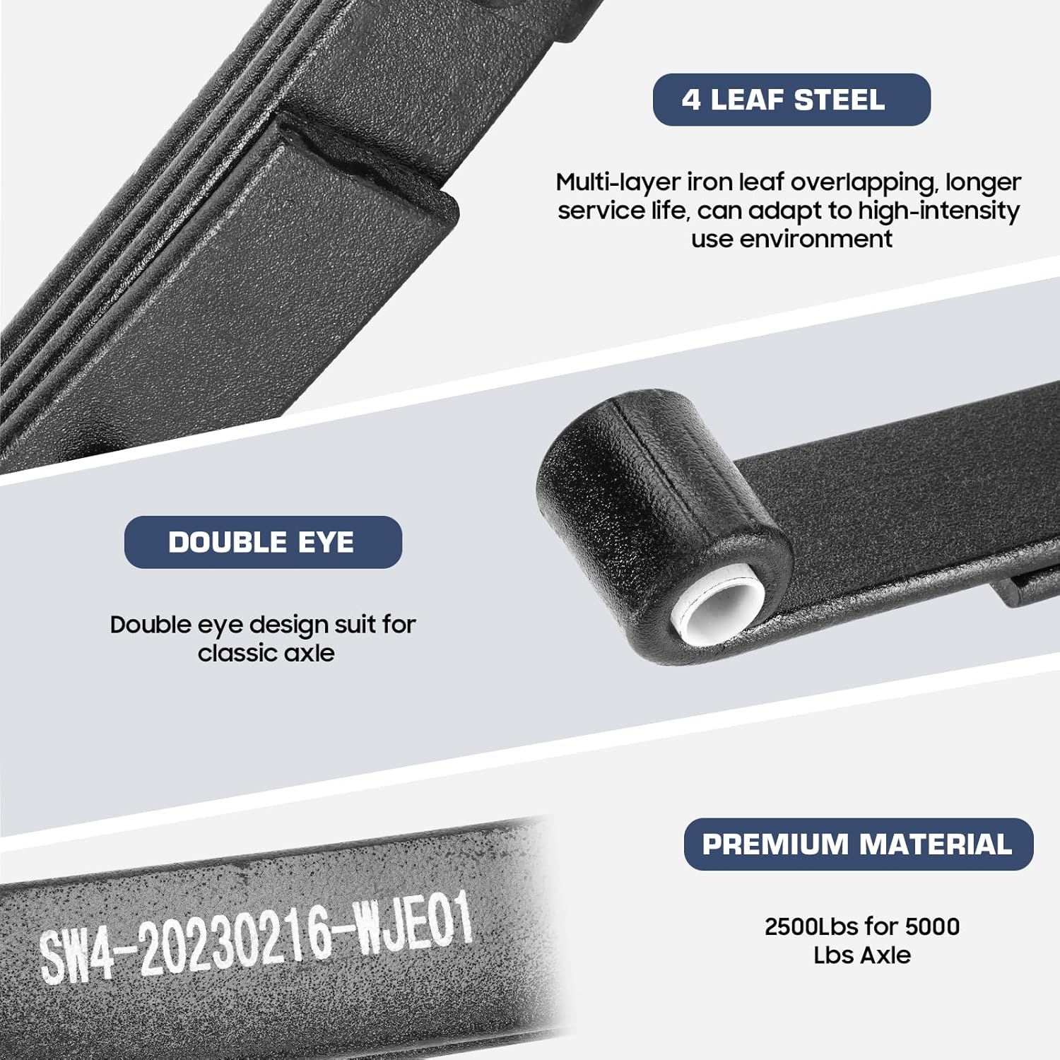 Trailer Leaf Spring, 4 Leaf 2500lb Double Eye Leaf Springs for 5000lb Trailer Axle, 25-1/4"L, 1.75" Width, 3” Free Open of Leaf Spring, Replace for SW4 / UNA218 / PR4 / 9150016 / 93181, 2 Pieces