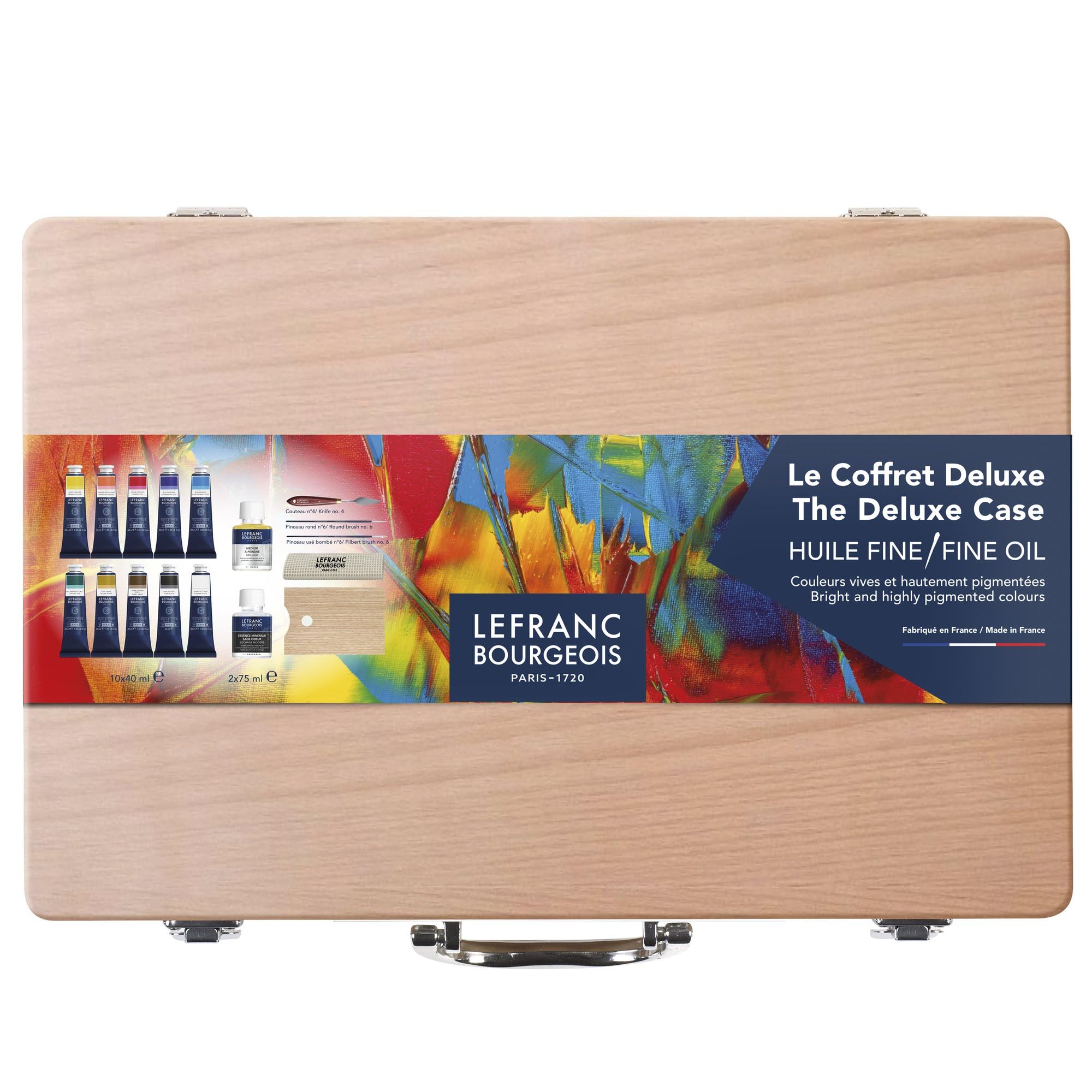 Lefranc Bourgeois 301867 Zestaw Deluxe Fine Oil Paints, 10 tubek po 40 ml w drewnianym pudełku, medium malarskie i rozpuszczalnik w opakowaniu 75 ml, 2 pędzle olejne, nóż malarski i akcesoria
