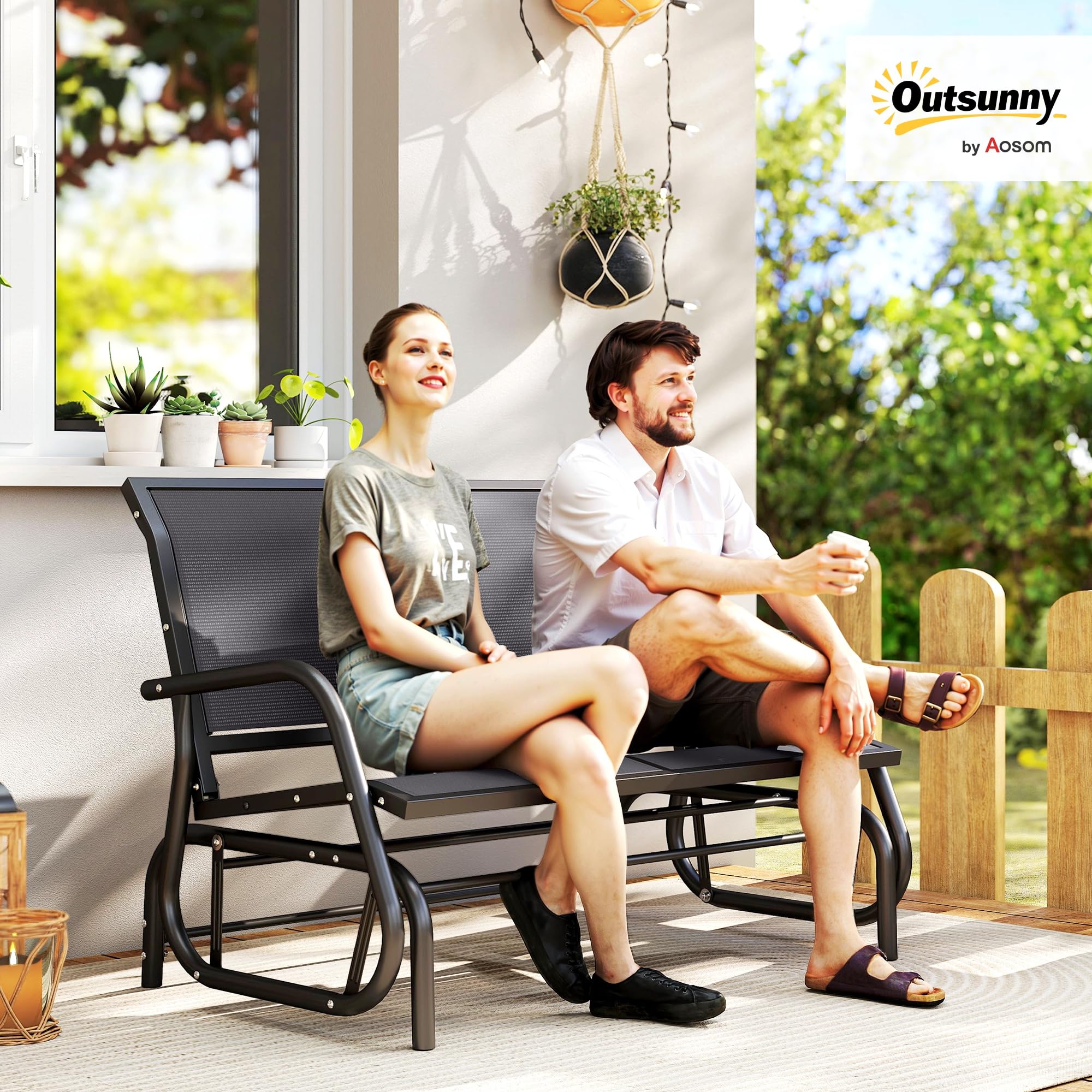 Outsunny Banc à Bascule de Jardin 2 Places Design Contemporain Grand Confort accoudoirs Assise, Dossier Ergonomique Acier textilène Gris