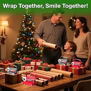 Wraprocut (2-Pack) Wheel Wrapping Paper Cutter & Tape Dispenser with 4 Tapes2 Replace Blades Kit for Christmas Gift Wrap Cutter Tool Paper Roll Holder Tube Sliding Slicing for Birthday Holiday.