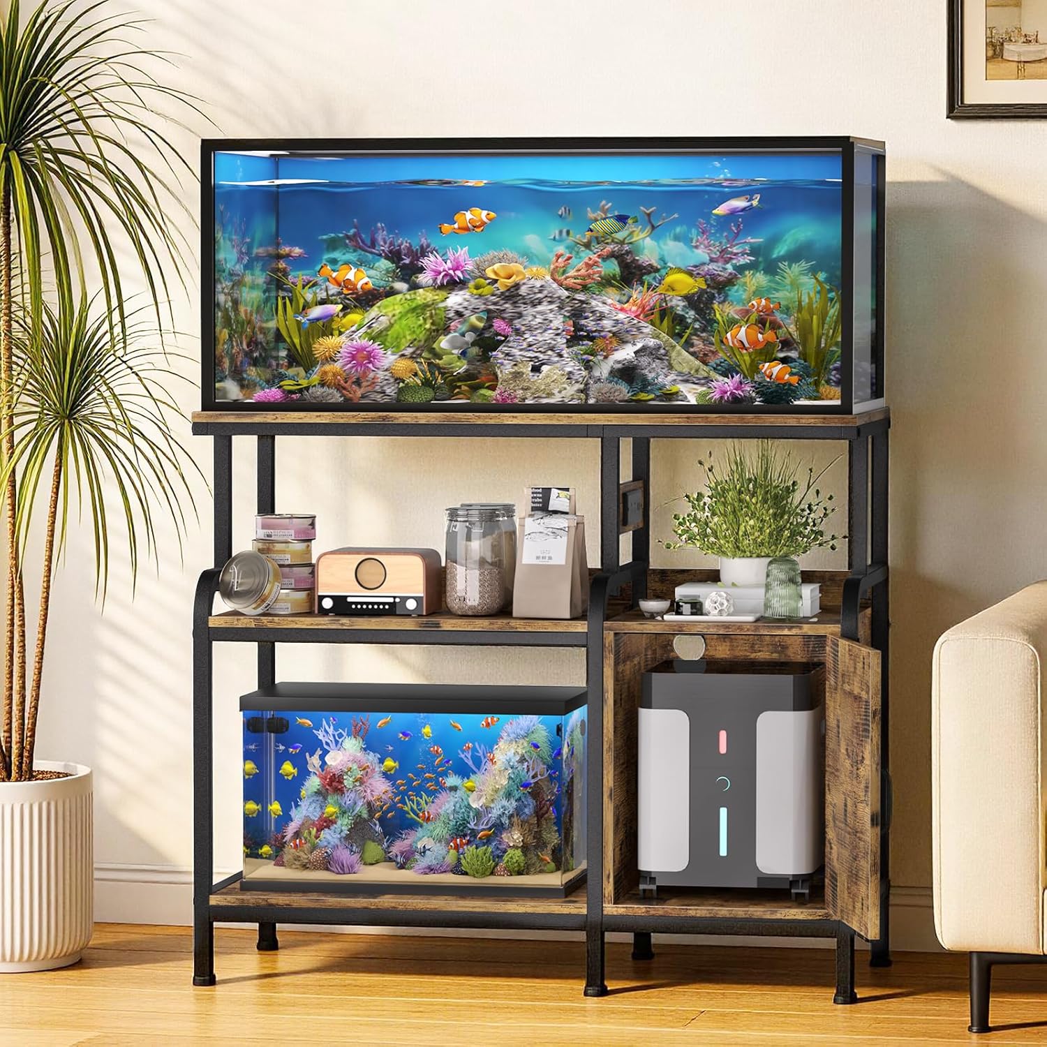 40 Gallon Fish Tank Stand with Power Outlet, Heavy Duty 3-Tier Aquarium Stand,Reptile Terrarium Stand with Storage Cabinet, 36.8"×18.5" Metal Sturdy Steel Frame, 750lbs Capacity, Vintage Brown
