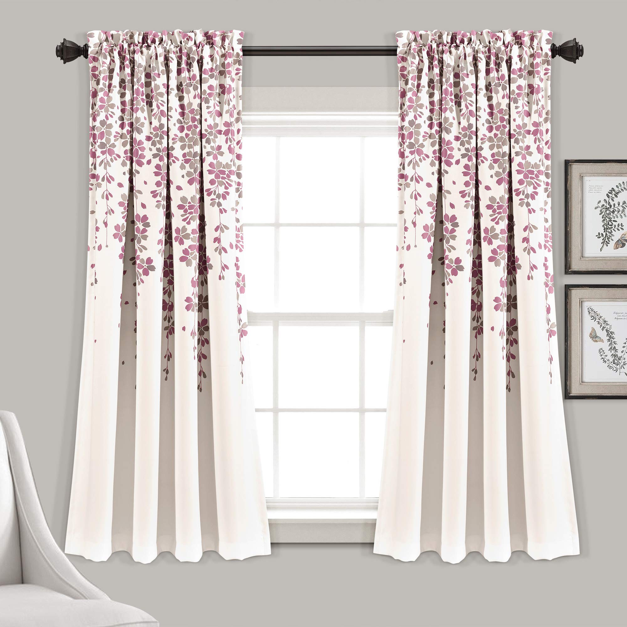 Lush Decor Weeping Flower Light Filtering Window Curtain Panels, Pair, 52"W x 63"L + 2" Header, Purple & Gray- Charming Modern Floral Curtains for Living Room, Dining Room, & Bedroom