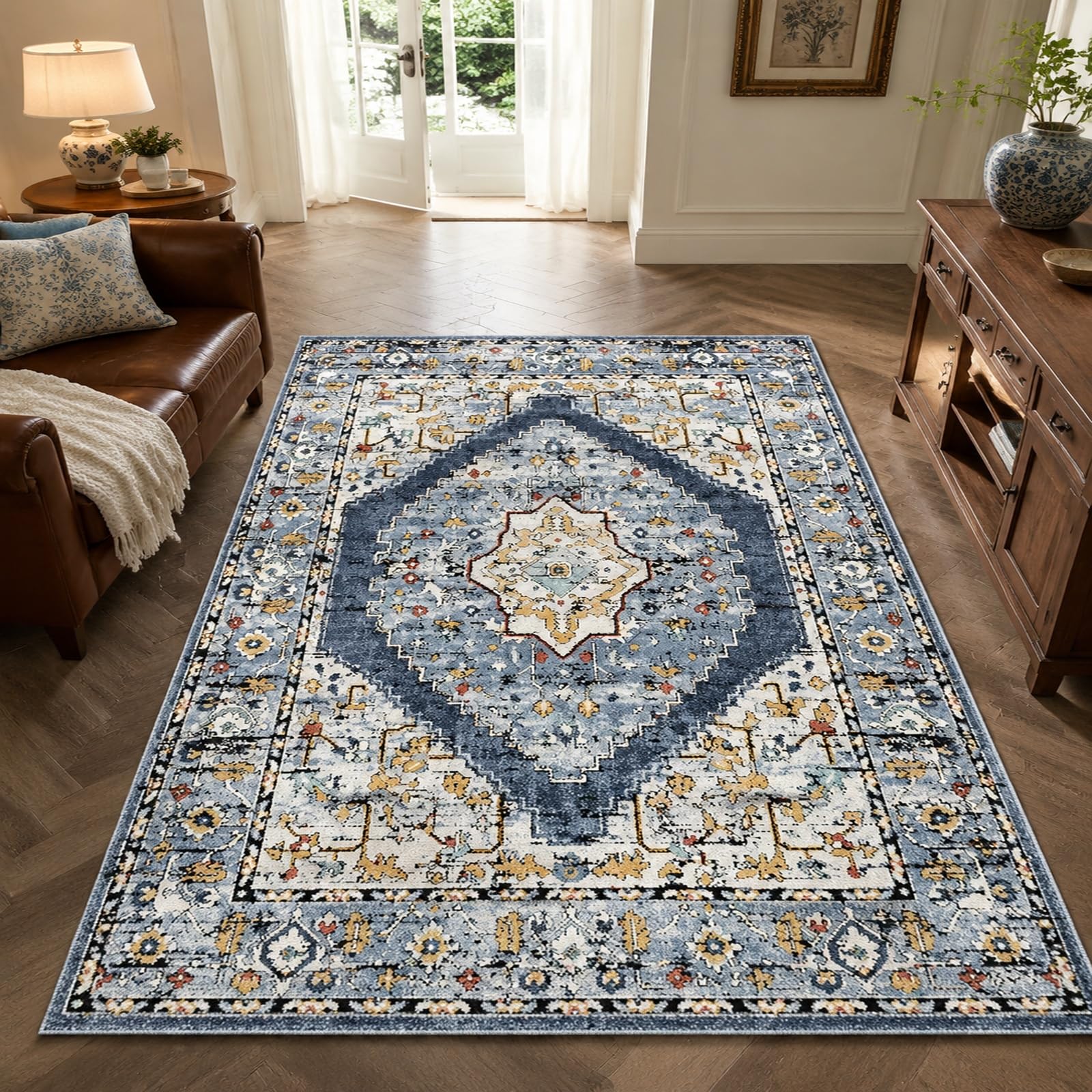 Tapis bleu oriental vintage 160x200 cm rectangulaire pour salon et chambre