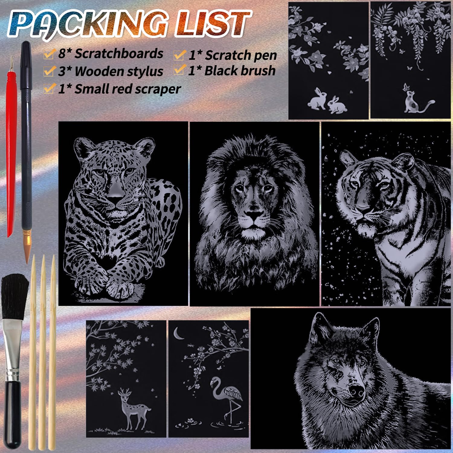 Kit Scratch Art Muyohix – 8 Papiers A4/A5 – 6 Outils – Thème Animaux – Dessin à Gratter Créatif – Adulte & Enfant