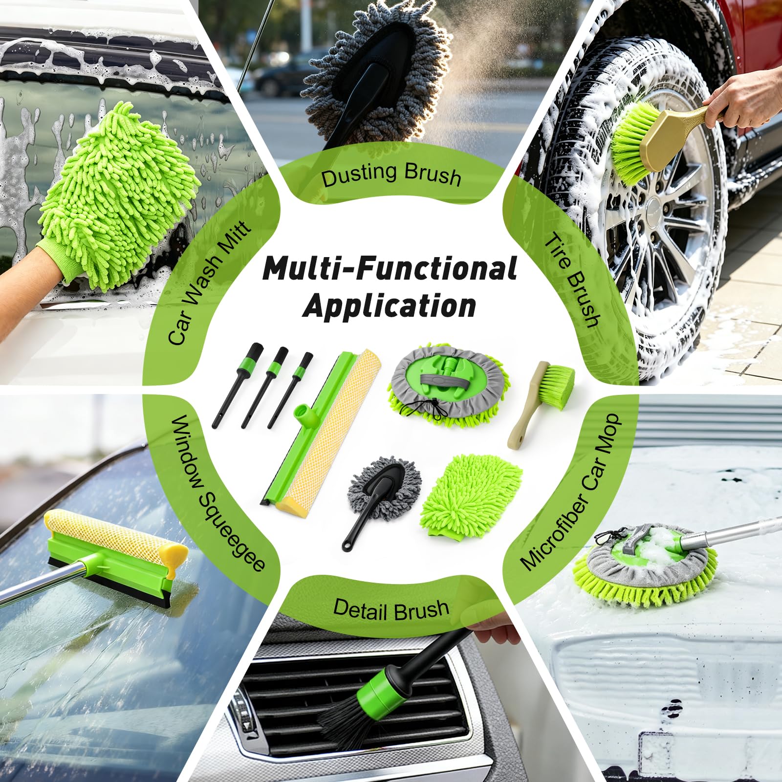 Cepillo extensible de lavado de coche alimentado por agua, mango largo, kit de limpieza de coche de 12 piezas con cepillo de cerdas suaves, fregona y guante de microfibra, limpiador de ventanas