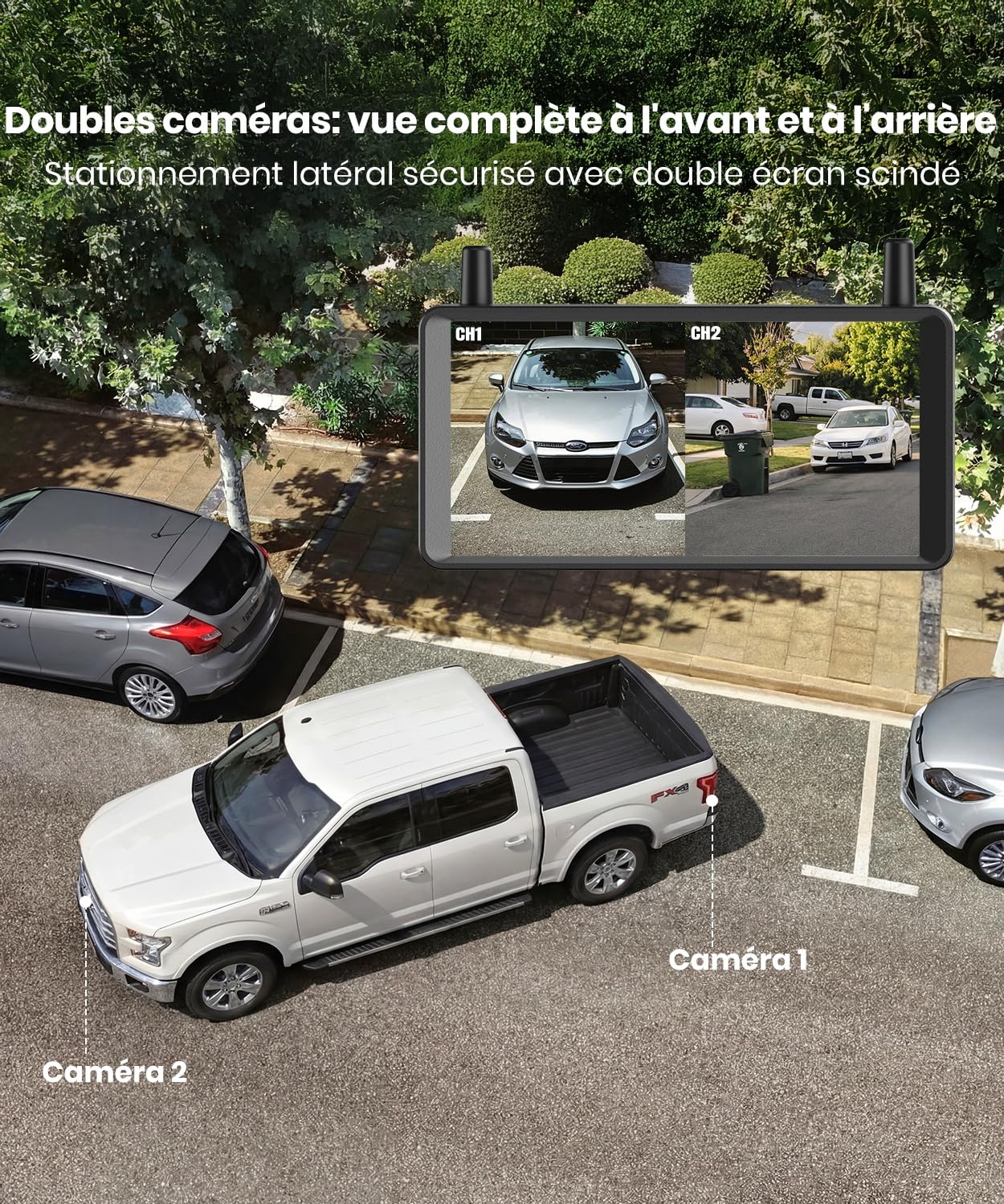 AUTO-VOX Double Caméra de Recul sans Fil Solaire 6", Écran HD 16:9