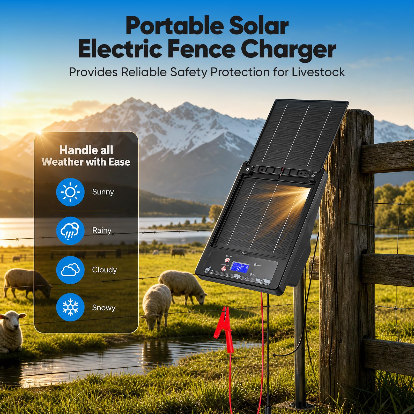 Pastor Eléctrico Solar con Panel Solar Plegable Dual, 16 KM de Alcance, 0,3-2J, 6KV-12KV Ajustable, Batería de Litio 18000mAh, IP55, Electrificador para Aves de Corral, Ganado