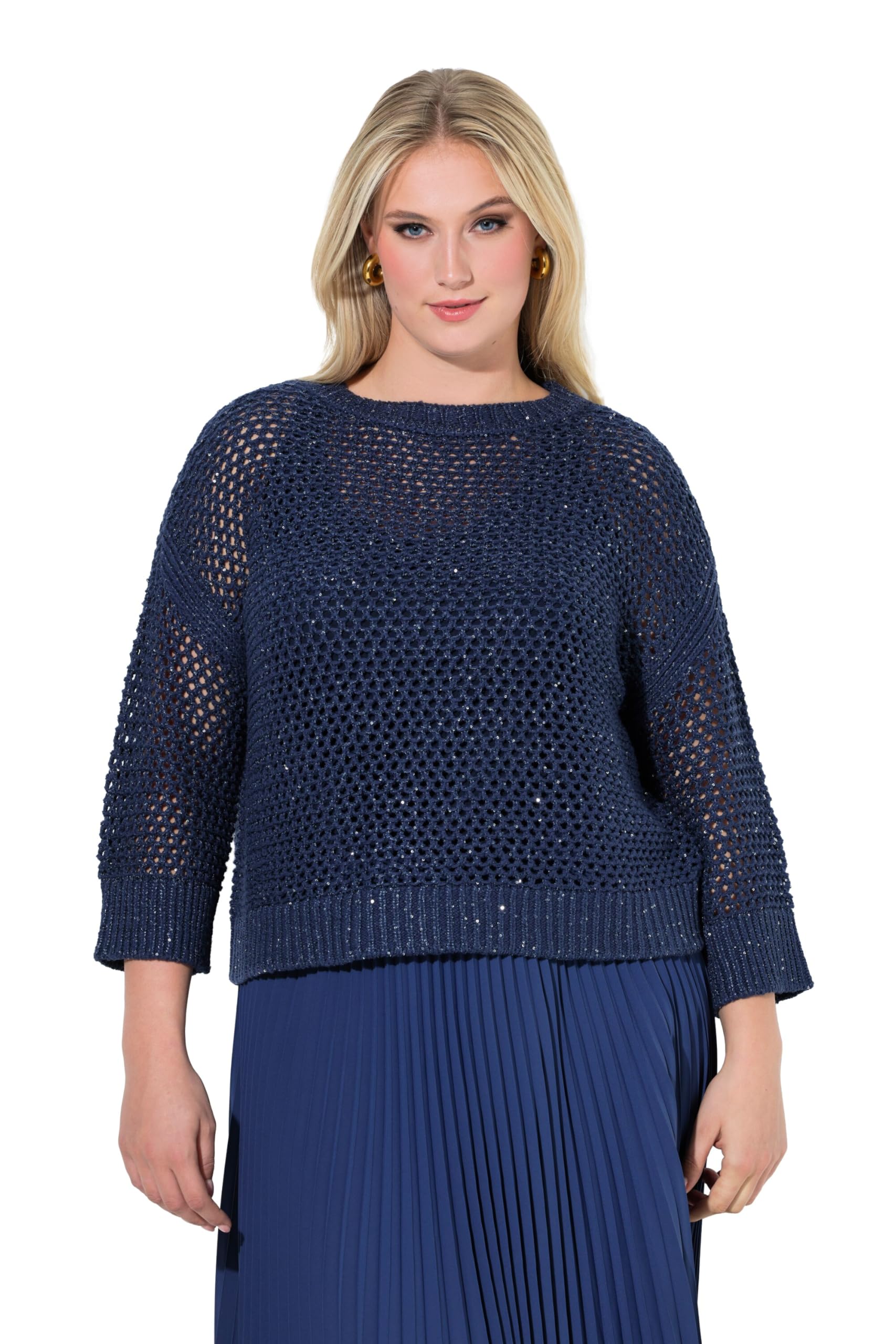 Ulla Popken Damen große Größen Übergrößen Plus Size Pullover, Pailletten, Oversized, Rundhals, 3/4-Arm 846344
