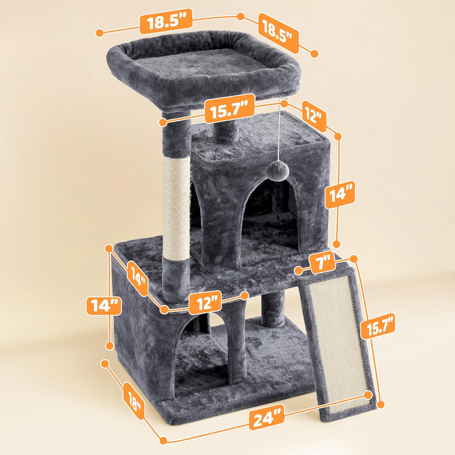 Topeakmart Cat Tree for Indoor Cats, 42in Cat Tower Condo with Oversized Plush Perch, Sisal-Covered Scratching Posts & Ramp, Dangling Ball, Multi-Level Cat Climber Stand for Cats Kittens Pets
