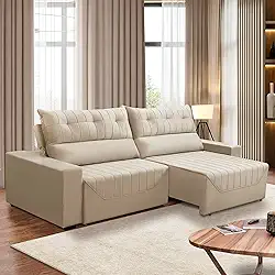 Sofá Retrátil e Reclinável 5 Lugares 3,00m Antonella Veludo Bege Adonai Estofados