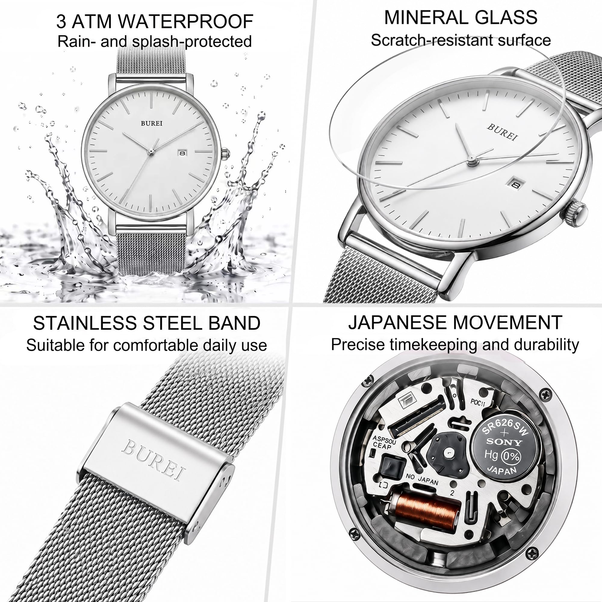 Burei - Reloj de Pulsera analógico Minimalista para Hombre, con Fecha Gris y Banda de Malla milanesa Negra (Todo Plateado)