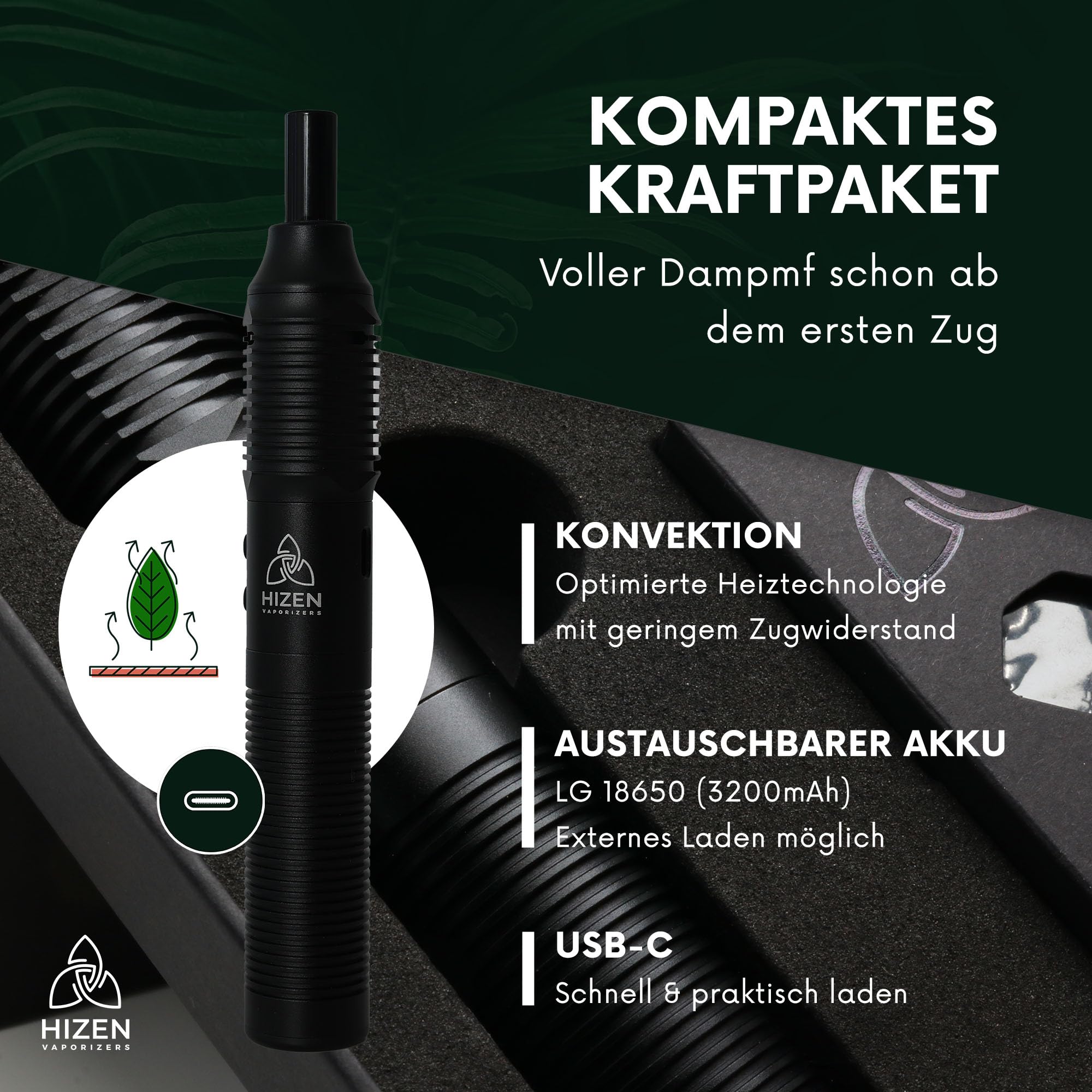HIZEN Stilus Pro Konvektion Vaporizer + Wasserfilter Set, Verdampfer für Kräuter, USB-C, austauschbarer Akku, Glasmundstück, Endless Timer