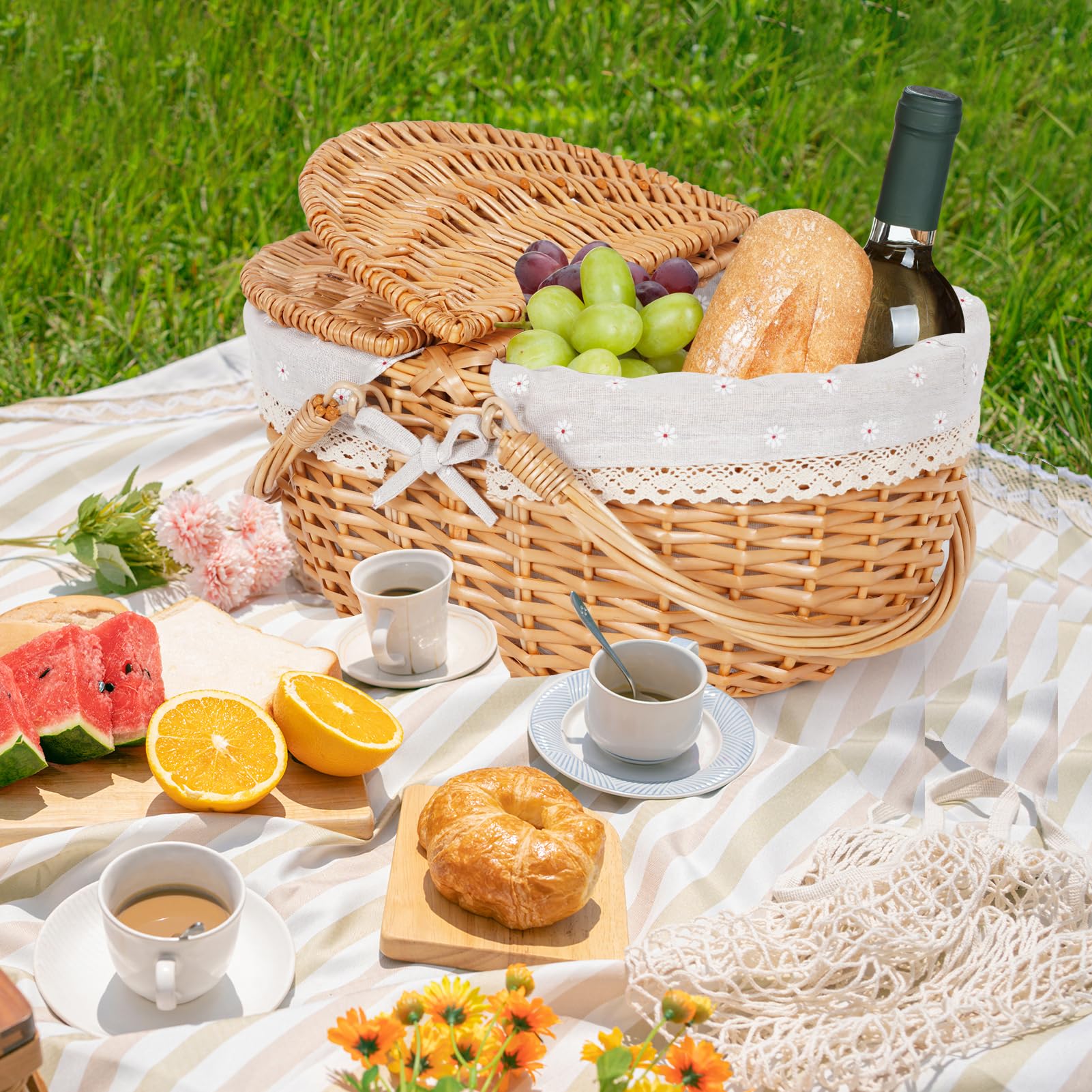 Panier de pique-nique en osier avec poignée, 38 cm, grand panier vide avec couvercle et doublure amovible, panier vintage tressé à la main pour pique-nique, camping, cueillette de légumes