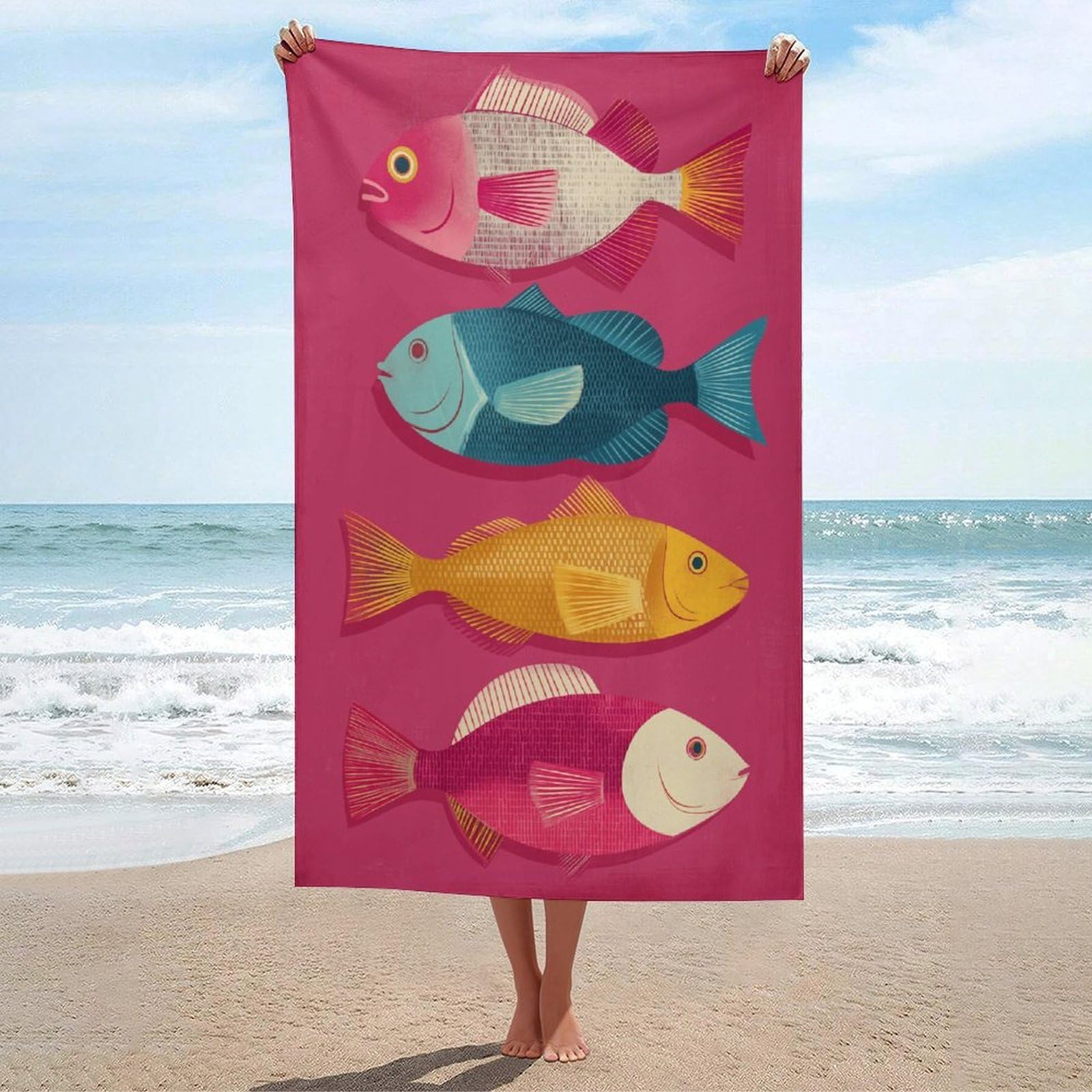 LSRCPD Kitchen Art Four Fish Arranged on Hot Pink Beach Towel Sand Free Microfiber Large Shower Towels Multipurpose Absorbent for Bathroom Pool 130x80 CM