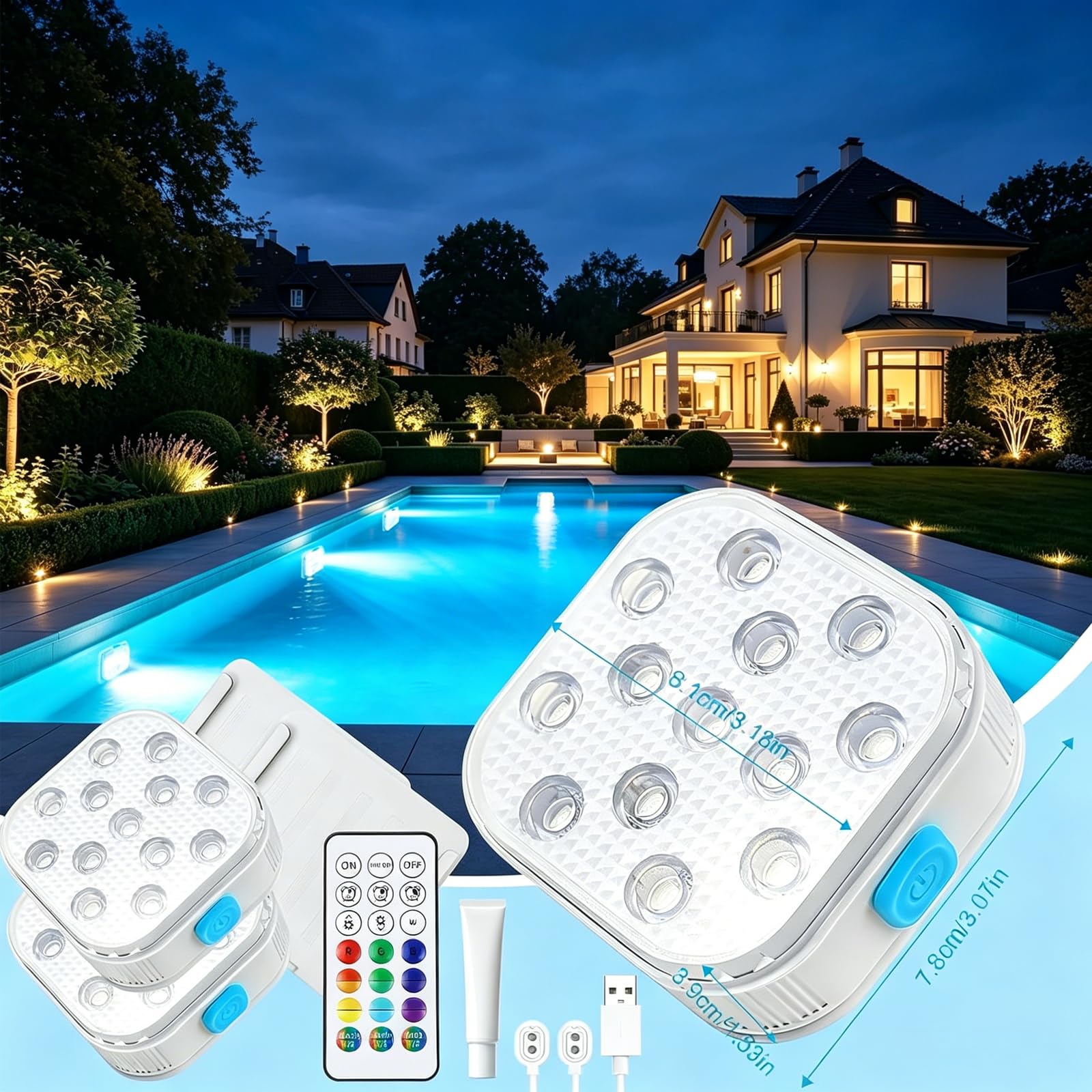 Poolbeleuchtung Unterwasser LED Licht mit Fernbedienung, RGB Farbwechsel Wiederaufladbare Pool Beleuchtung, IP68 Wasserdichte Pool Lampe für Schwimmbad Whirlpoolb Teich Party Garten, 2 Stück