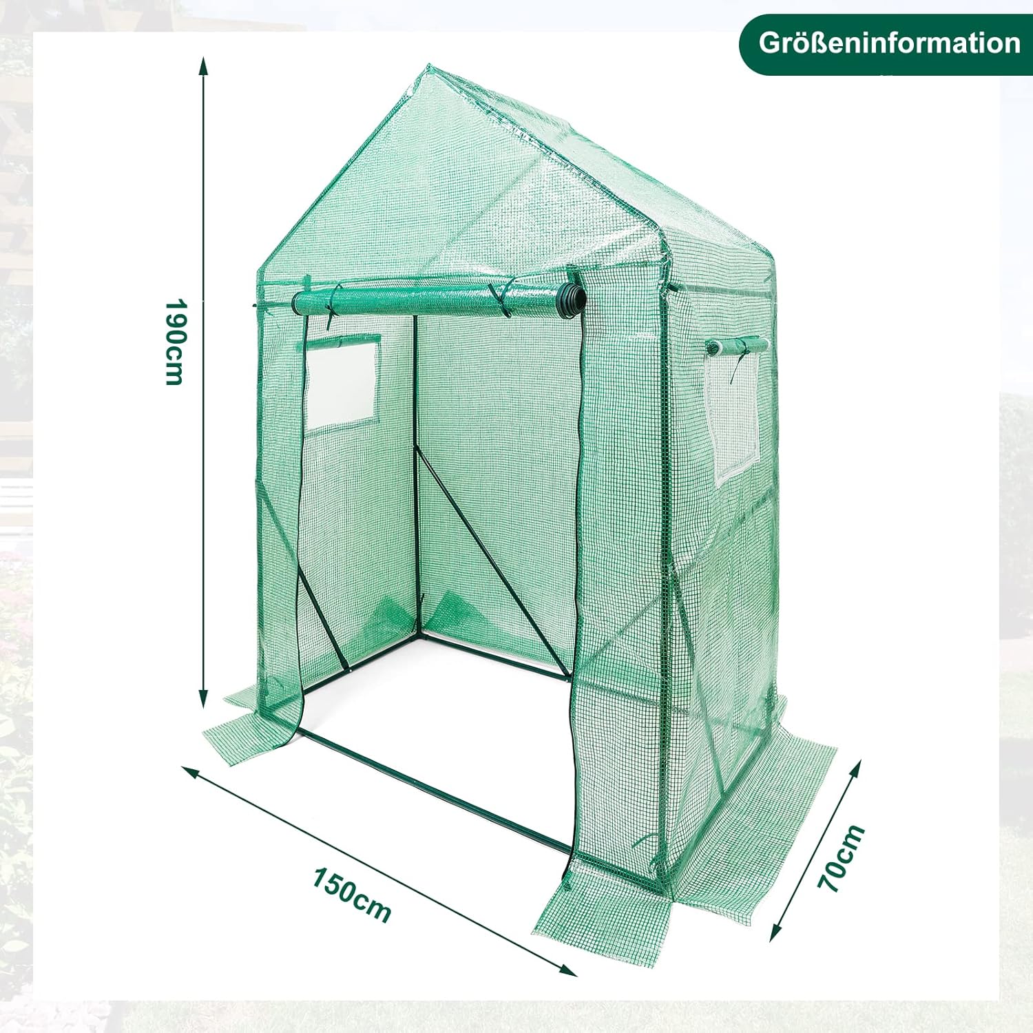 Diagram showing the dimensions of the Yorbay Greenhouse: 190cm height, 150cm width, 70cm depth