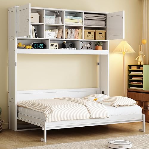 Merax Queen Size Murphy Bed Wall Bed with Top Cabinets and Shelves, Space-Saving Design Foldable Platform Bed Frame, Multifunctional Bed for Bedroom, Guest Room, Home Office, White (Chevron Stripes)