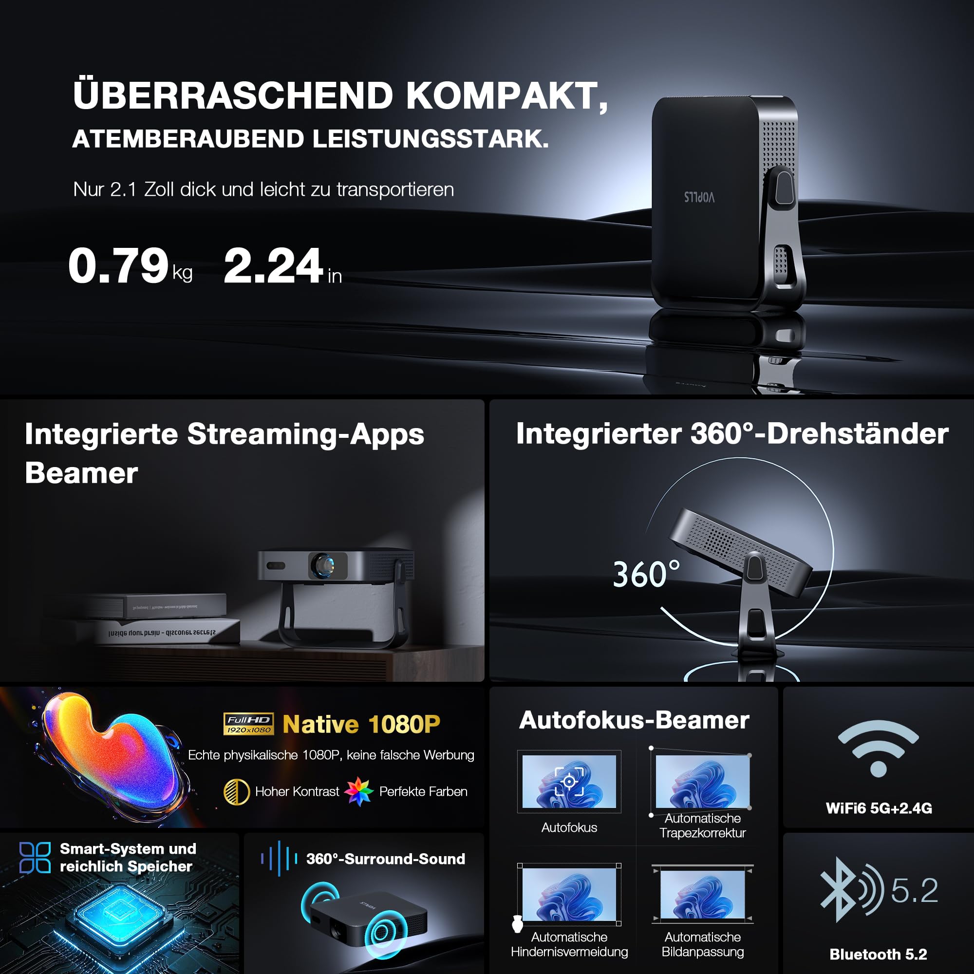 Smart Beamer【800ANSI ＆ Offizielle App】 Mini Projektor mit Autofokus ＆ Trapezkorrektur, VOPLLS 1080P Full HD WiFi6 Bluetooth Beamer 4K Heimkino/Outdoor Klein Projector für Handy (Schwarz)
