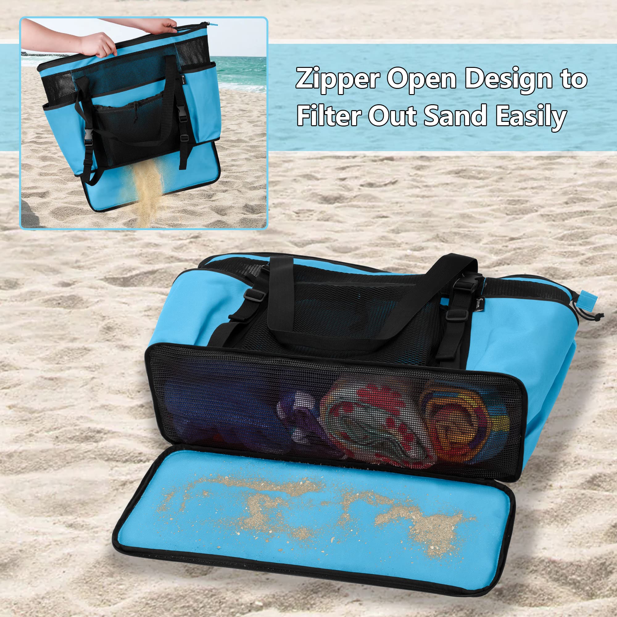 Fasrom Borsa da Spiaggia XL Rete con Fondo Cerniera per Famiglia, Blu | Fondo Cerniera Elimina la Sabbia, Tasca Impermeabile, 6 Tasche e Spallacci Imbottiti per Famiglia e Spiaggia