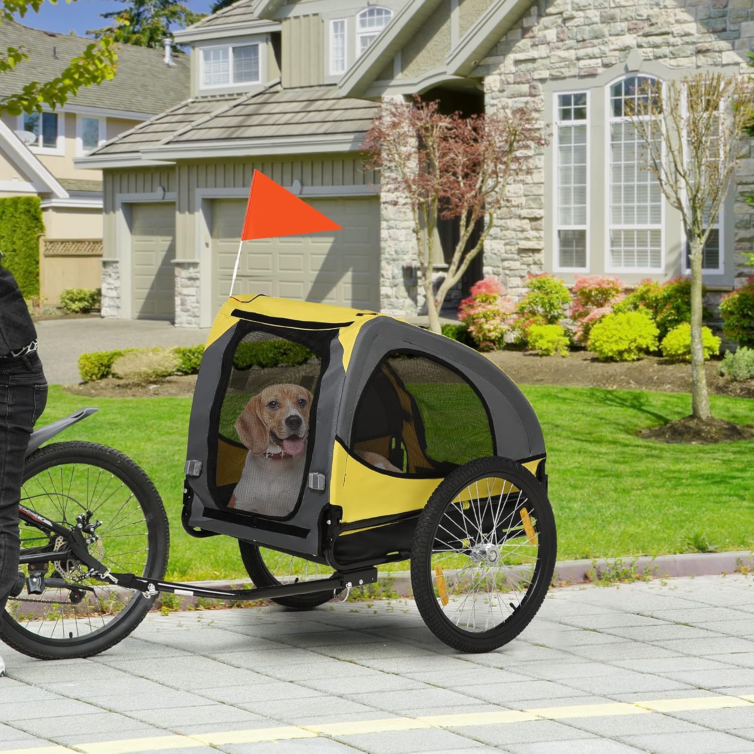 GOWE Dog Bike Trailer, Pet Bike Wagon with Steel Frame, Hitch Coupler, Quick Release Wheels, Reflectors, Flag, Pet Travel Carrier for Medium Dogs, Yellow