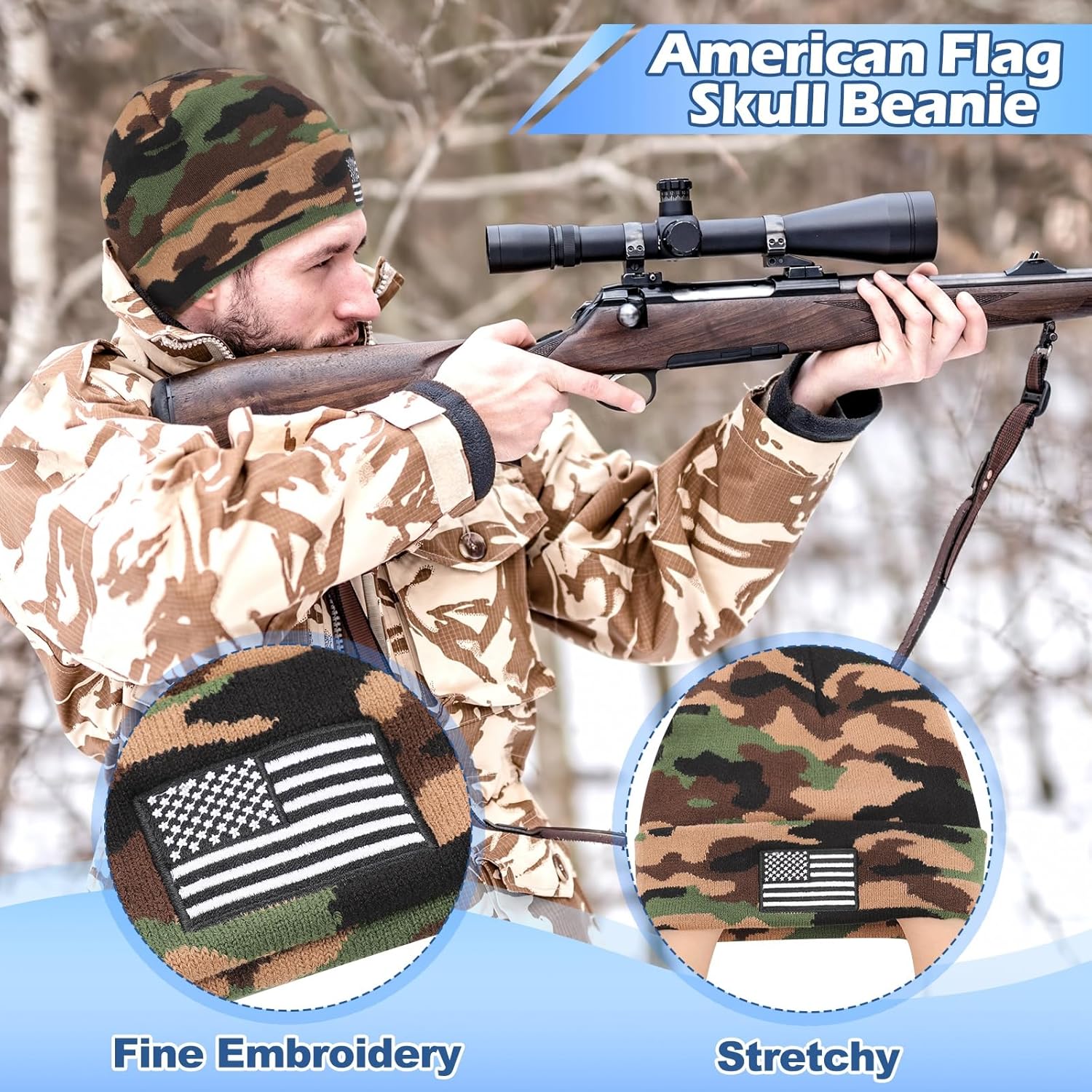 Liitrsh 6 Pcs American Flag Beanie Hat for Men Women Winter Knitted Cuffed Beanie Military Hat Watch Cap Warm Tactical Camo Skull Cap for Skiing Hiking - Image 3