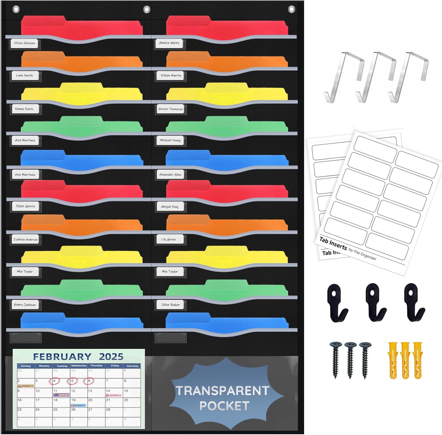 ALSLEA 22 Pockets Hanging Wall File Organizer, Sturdy Legal/Letter Size Manila File Folders Organizer, Classroom Pocket Chart with 2 Writable Clear Pockets, 6 Wall/Door Hooks & 24 Labels (Black)