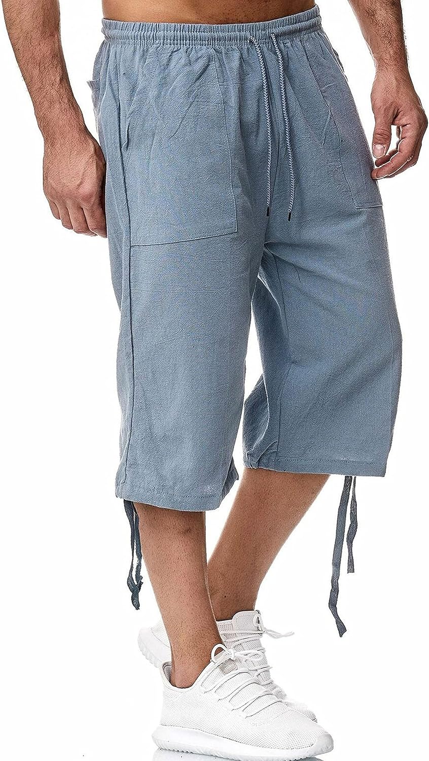 HangNiFang Men’s Long Linen Shorts Below Knee Pocketed 3/4 Summer Drawstring Capri Pant