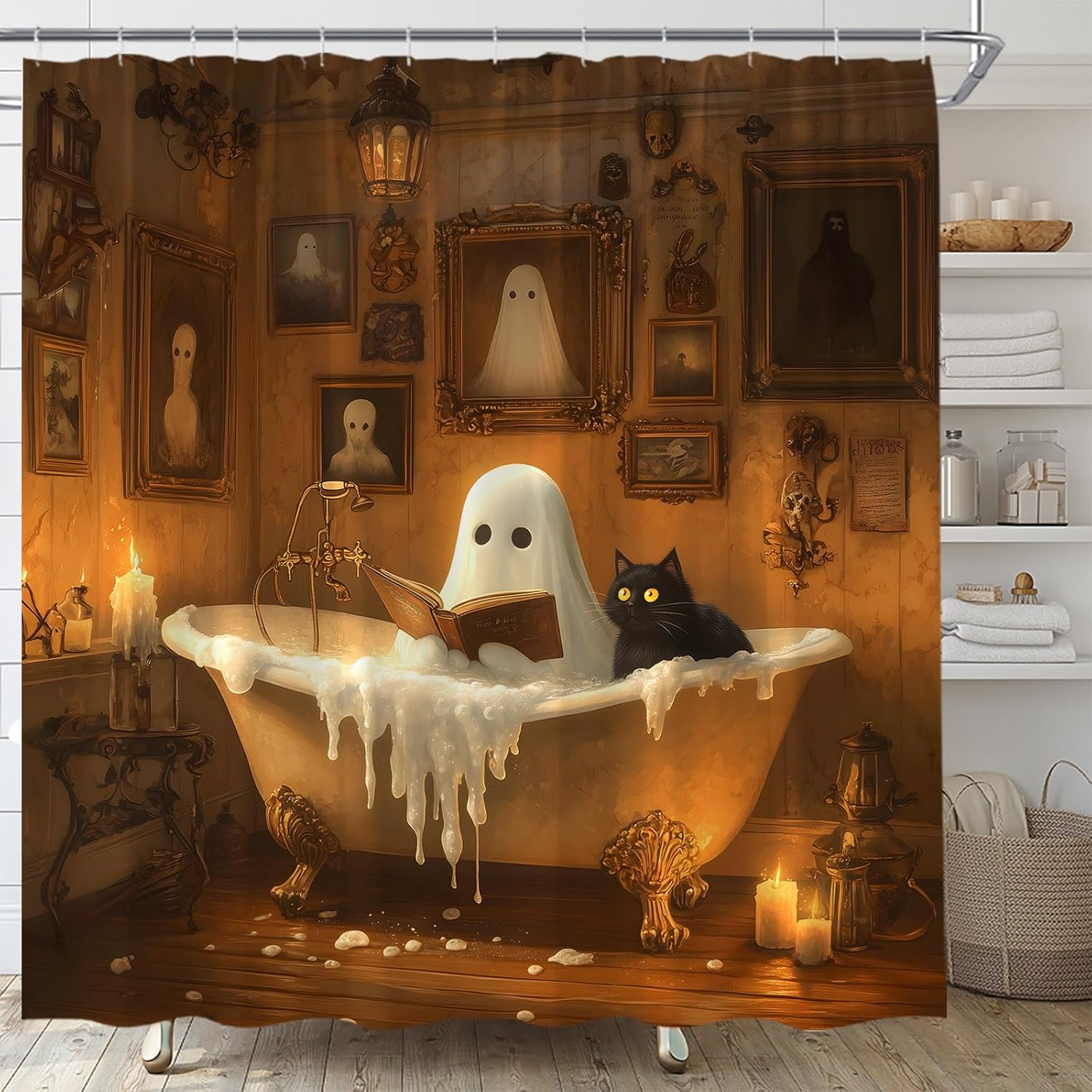 Spooky Halloween Shower Curtain Funny Ghost Black Cat Bathtub BubbleHorror Gothic Holiday Ambience Polyester Fabric Bathroom Decor Set with Hooks(70" Wx84 H)