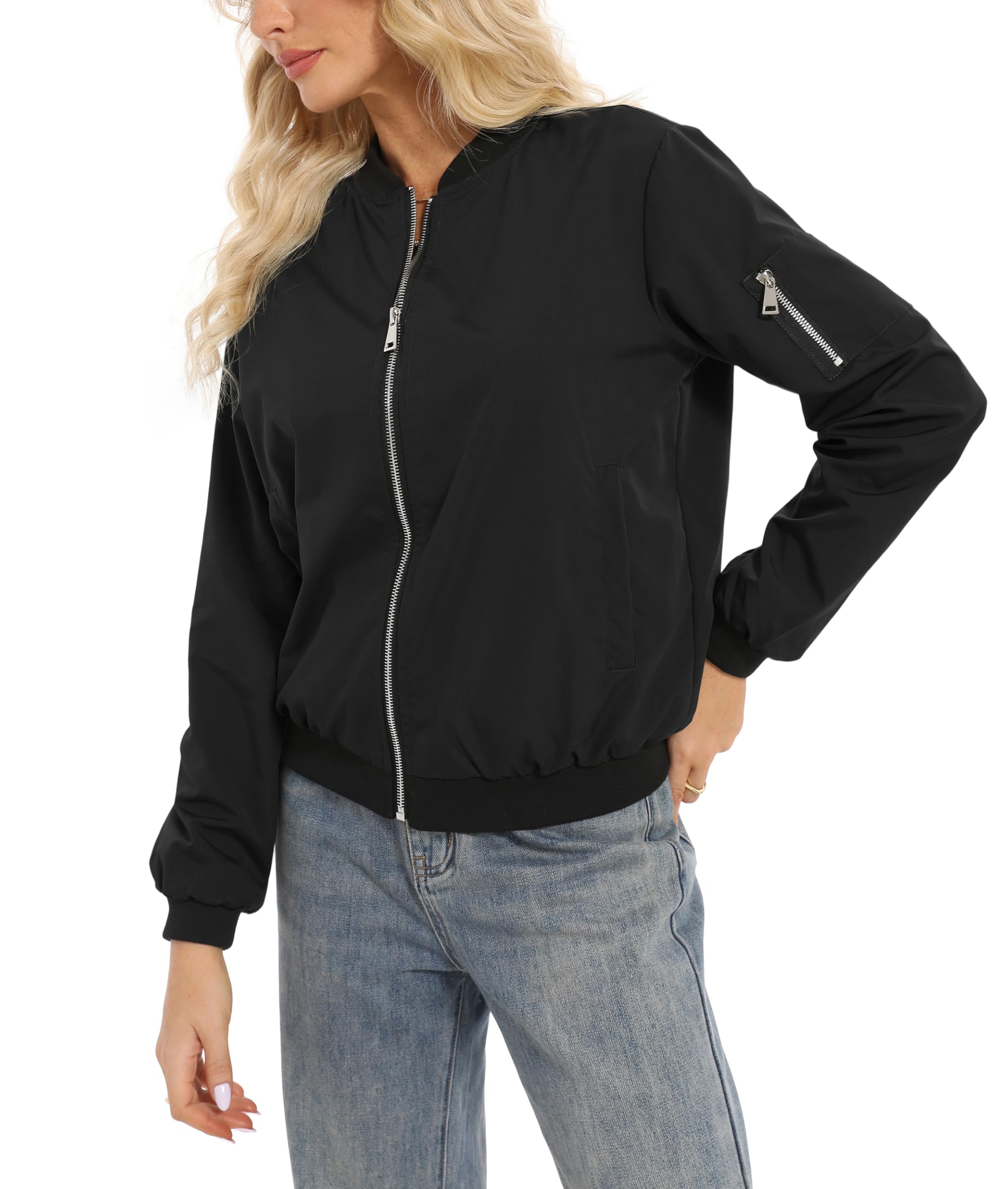 Oyamiki Blouson bomber à manches longues pour femme - Blouson court décontracté - Veste d'automne légère - Veste d'aviateur avec poches