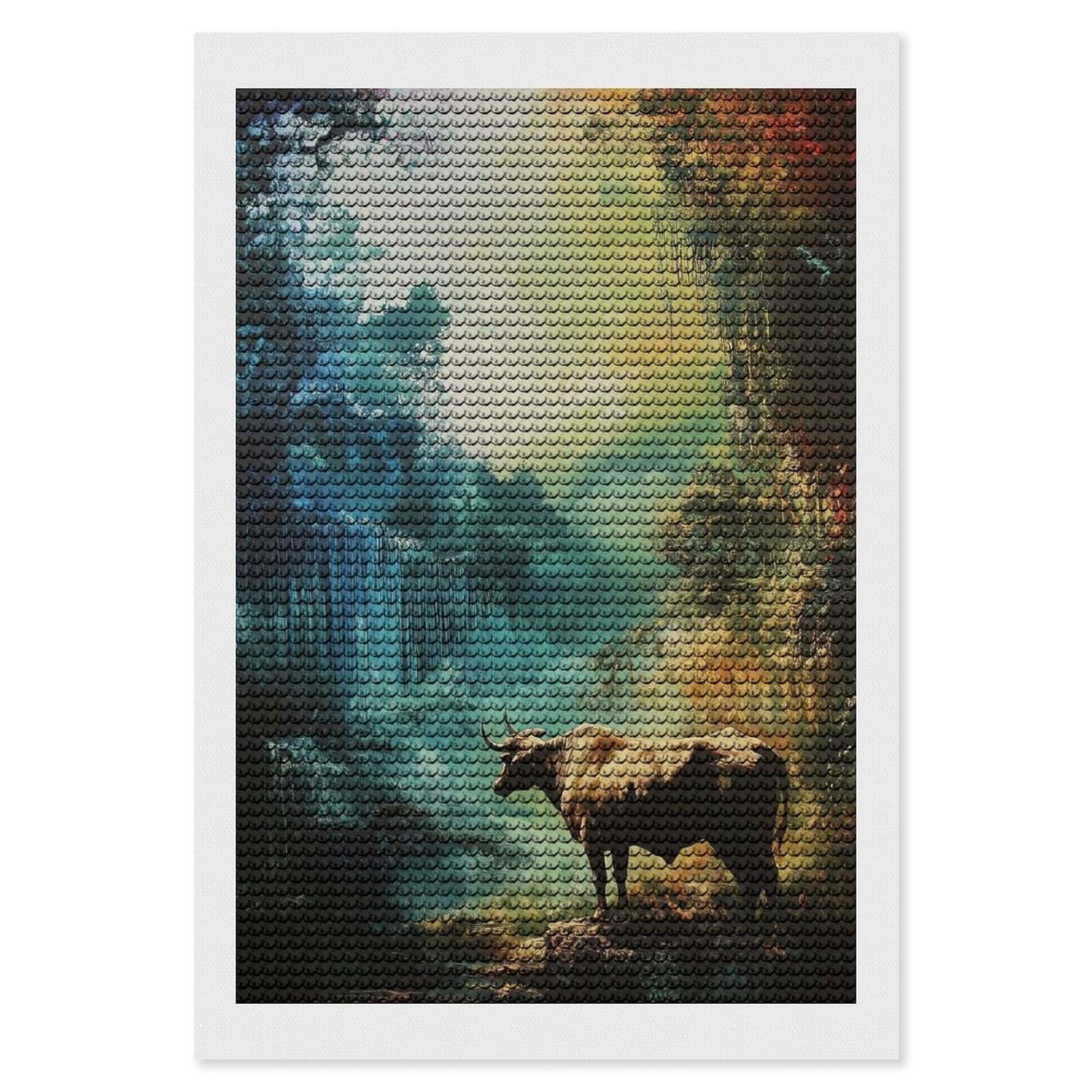 Junmoney Bull in A Mystical Forest Full Drill Diamond Painting Kit 8"x12", for Teens, Adhesive Canvas, Bedroom Decor, Holiday Gift Idea