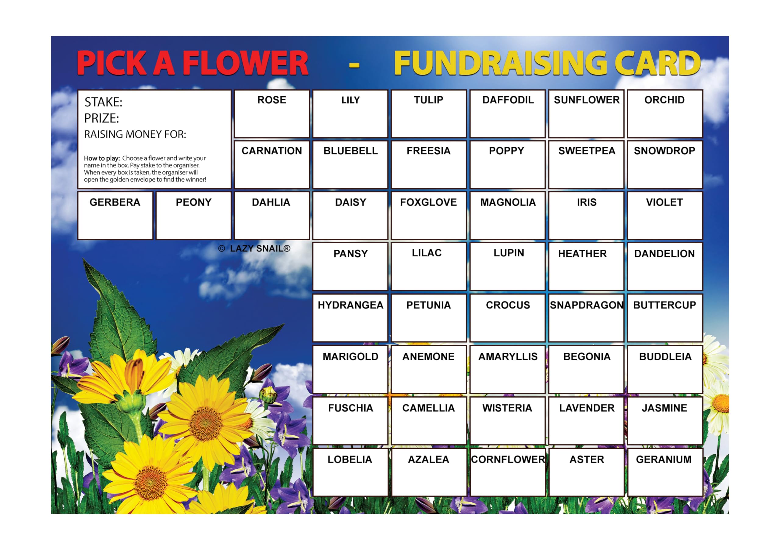 Lazy Snail ‘Pick a Flower’ Fundraising Cards, Pack of 8 (45 Squares per Card), Fun Golden Winner Envelopes