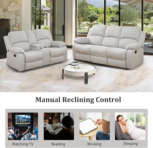 Miniatura 6 de Juego de sofá reclinable de 2 piezas de tela de microfibra, juego de muebles de sala de estar, sofá reclinable y sofá biplaza con portavasos y