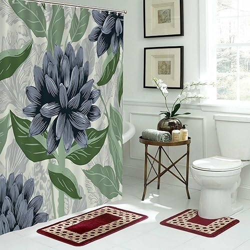 Miniatura 1053 de Cortinas de ducha de baño con ganchos, 72 x 92 pulgadas, cortina de ducha de tela impermeable con diseño de flores y pájaros, cortina de ducha