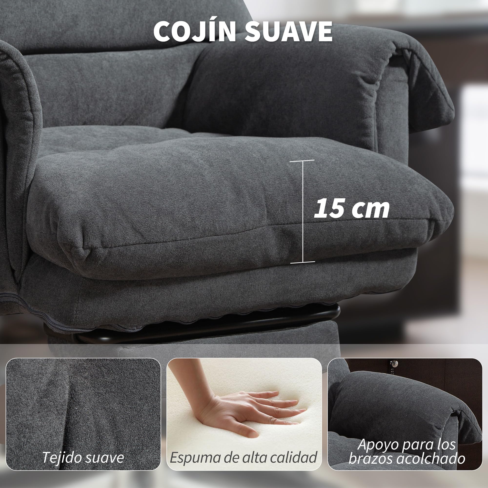 HOMCOM Silla de Escritorio con Reposapiés, Silla de Oficina Giratoria, con Respaldo Reclinable y Alto, Asiento y Reposabrazos Anchos, Acolchado Grueso, Tapizada en Terciopelo, Altura Ajustable, Gris