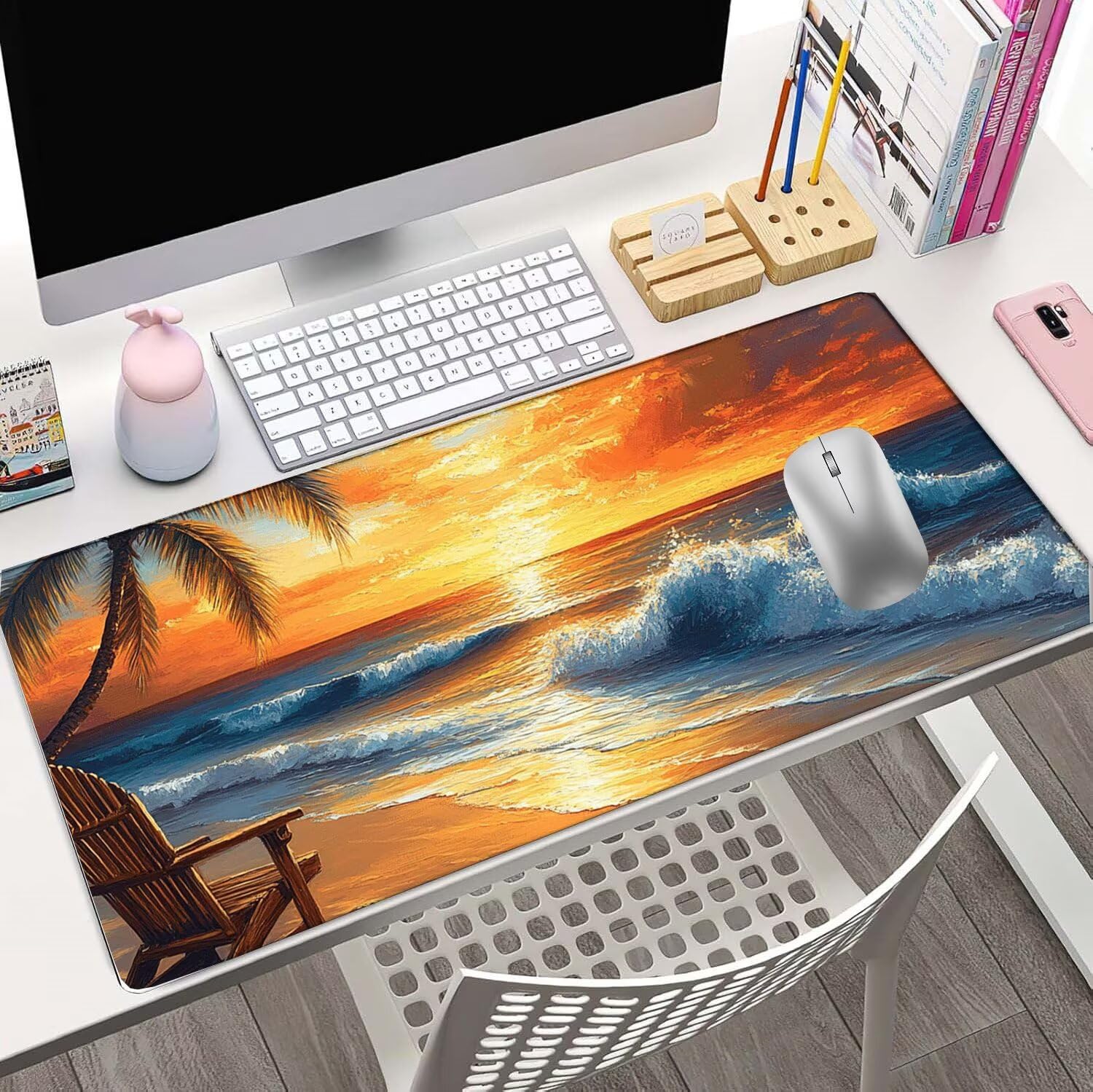 Podkładka pod mysz 1500 x 800 x 3 mm żółta podkładka pod biurko palmy kokosowe antypoślizgowa wodoodporna, zmywalna gumowa podstawa, ulepszona szybkość i precyzja, podkładka pod mysz do ochrony biura