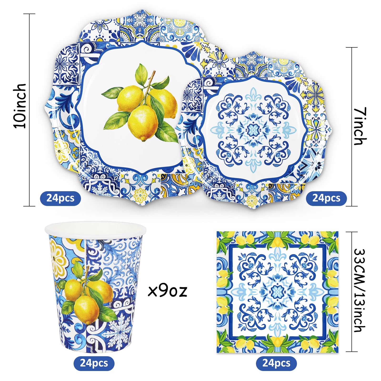 Whaline - Set di stoviglie Capri al limone da 96 pezzi, piastrelle blu, giallo limone, stoviglie monouso: 24 piatti da 25,4 cm, 24 piatti da 17,8 cm, 24 tovaglioli, 24 tazze da 266 ml per