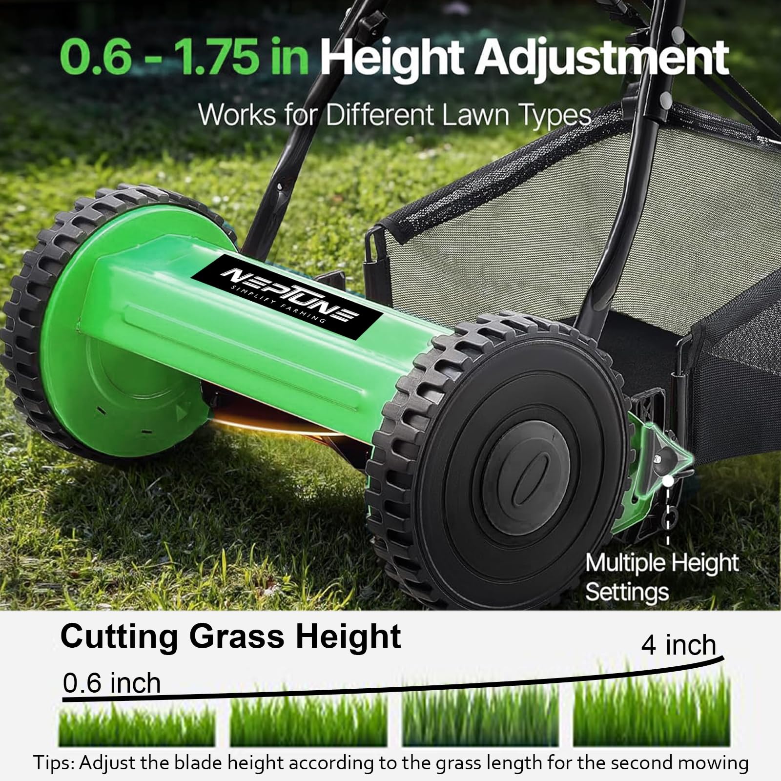 Neptune Simplify Farming Hand Push Manual Lawn Mower 16-Inch 5-Blade with 35 Liters Grass Catcher | Adjustable Handle Height | Grass Cutter Machine Sweeper for Home Garden and Park Greening - Image 3 thumbnail