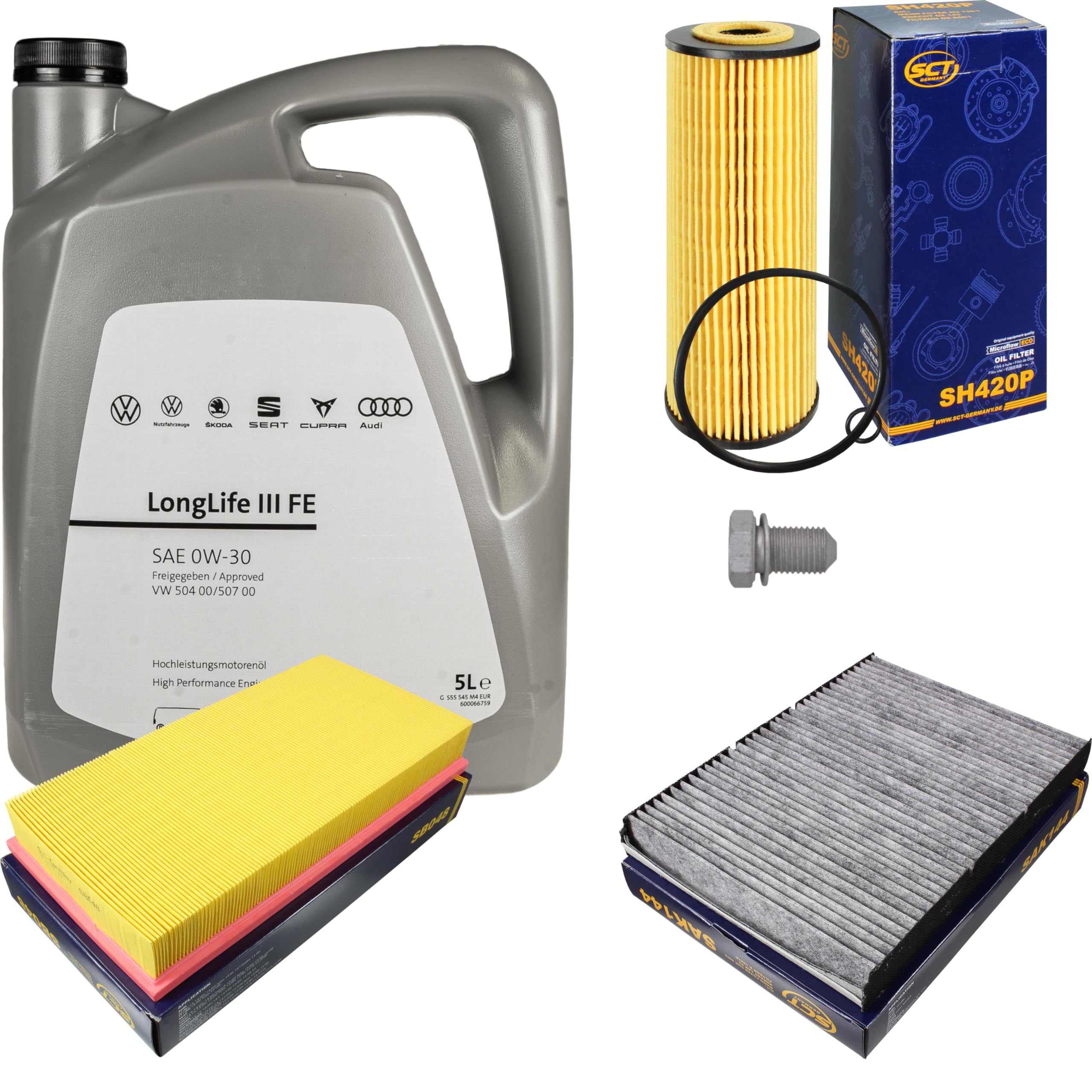 Pacchetto di ispezione pacchetto di manutenzione filtro con 5 l 0W-30 olio motore LongLife 3 FE, filtro dell'olio, filtro dell'aria abitacolo (carbone attivo) vite di scarico dell'olio