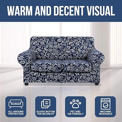 Miniatura 8 de hyha Funda para sofá, fundas para sofá biplaza, diseño floral, elásticas, estampadas, 3 piezas, fundas para sofá de 2 cojines separados, protector