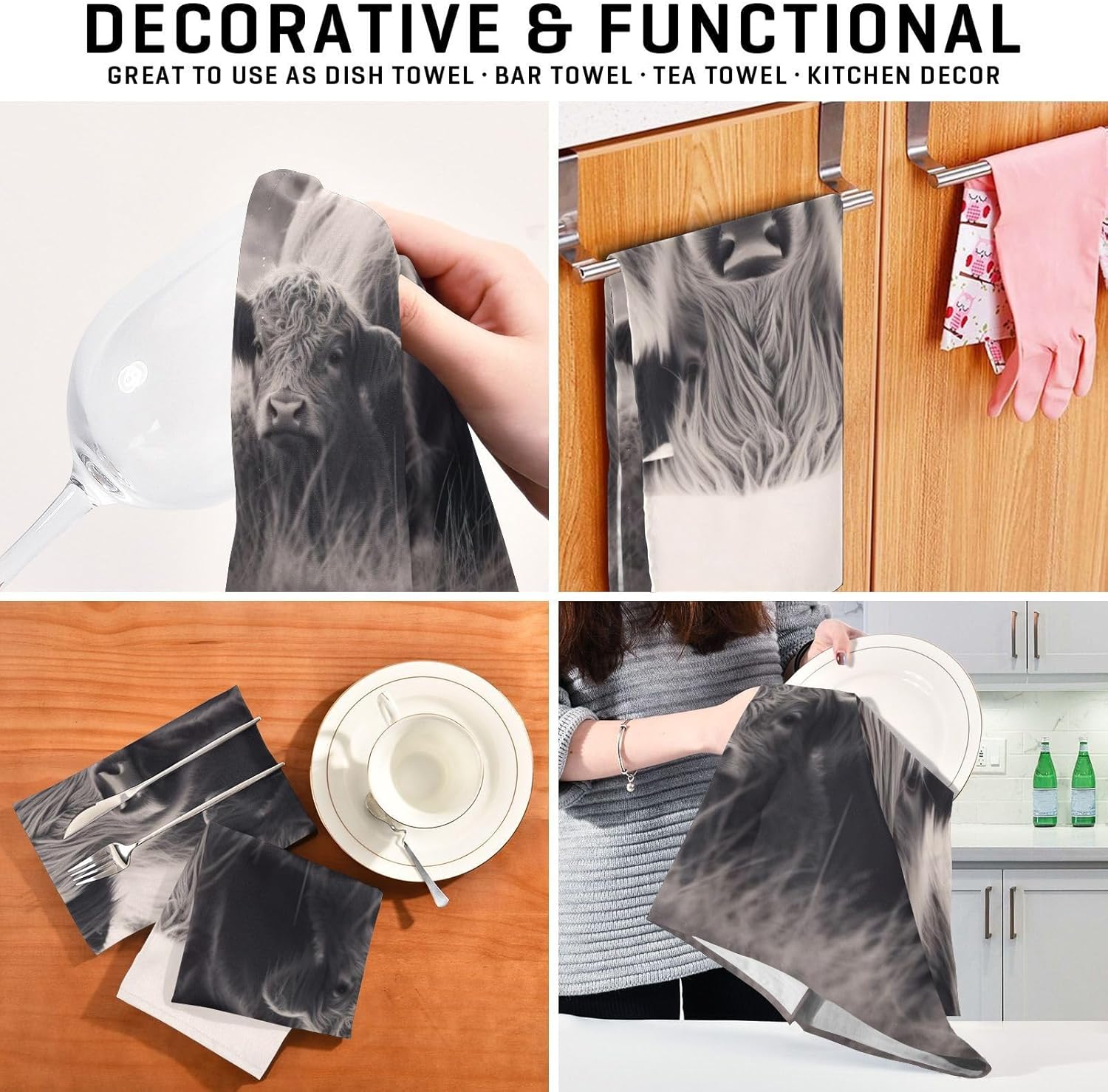 Highland Cattle Kitchen Towels, 18 x 28 Inch Super Soft and Absorbent Dish Cloths for Washing Dishes, 6 Pack Reusable Multi-Purpose Microfiber Hand Towels for Kitchen