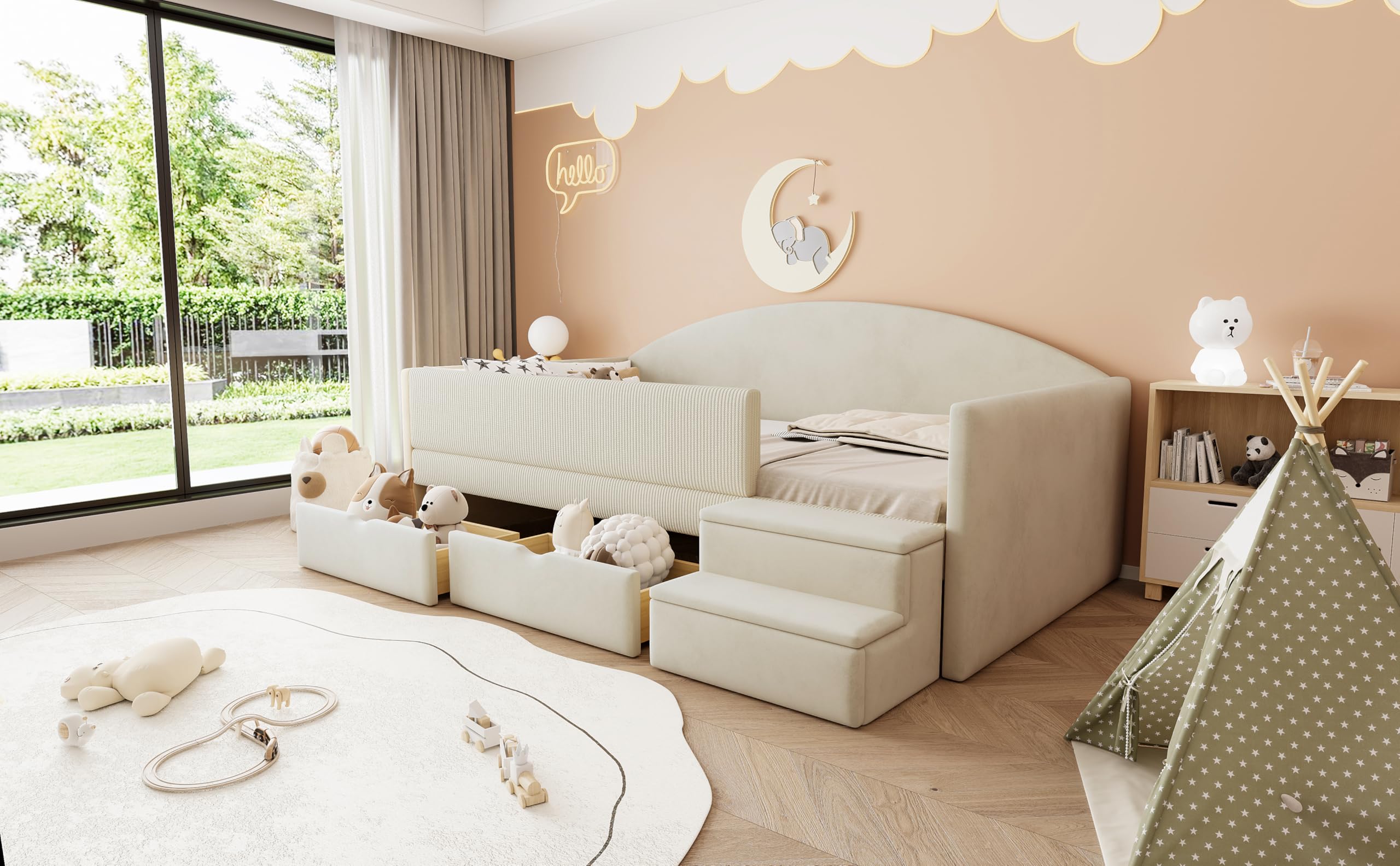 Canapé Lit Rembourré 90x190 cm avec 2 Tiroirs, Garde-Corps et Marchepied, Tissu Velours Doux et Confortable, Structure Bois, Idéal pour Chambre d'enfant, Salon et Chambre d'amis